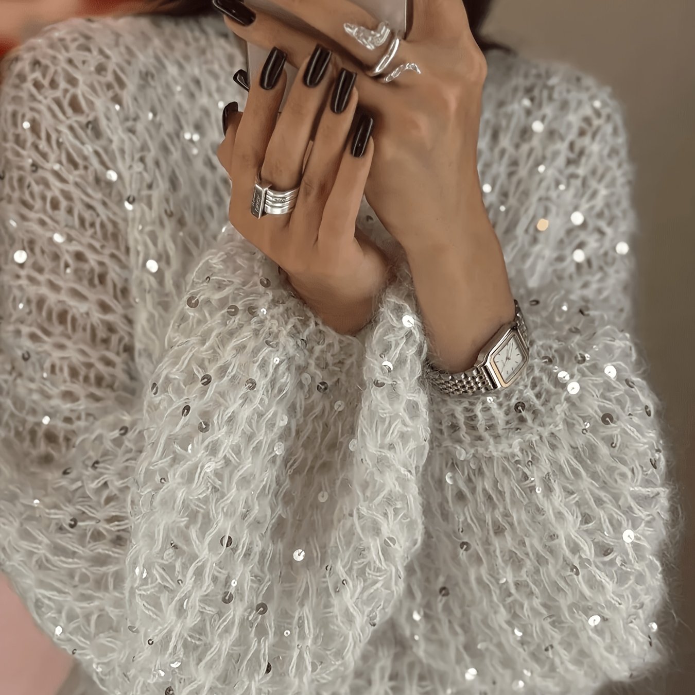 TEMU French Lazy Style Sequin Sweater Women's Fall Winter Exquisite Sequin Shiny Fluffy Chinchilla Sweater Y2k Sequin Hollow Out Sweater Luxury Shiny