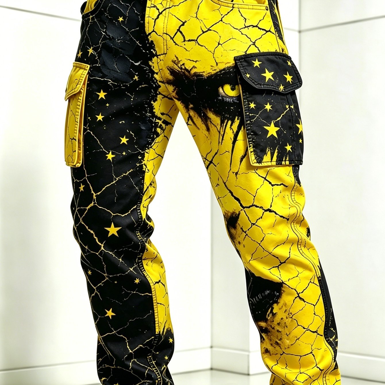 Image of Men's Cargo Pants With Belt Compatible For - Wear - Full-body Crackle Print & Color Block (black/yellow) | Soft Streetwear Trousers Suitable For Outdoor,, Casual Use - Belt Not Included