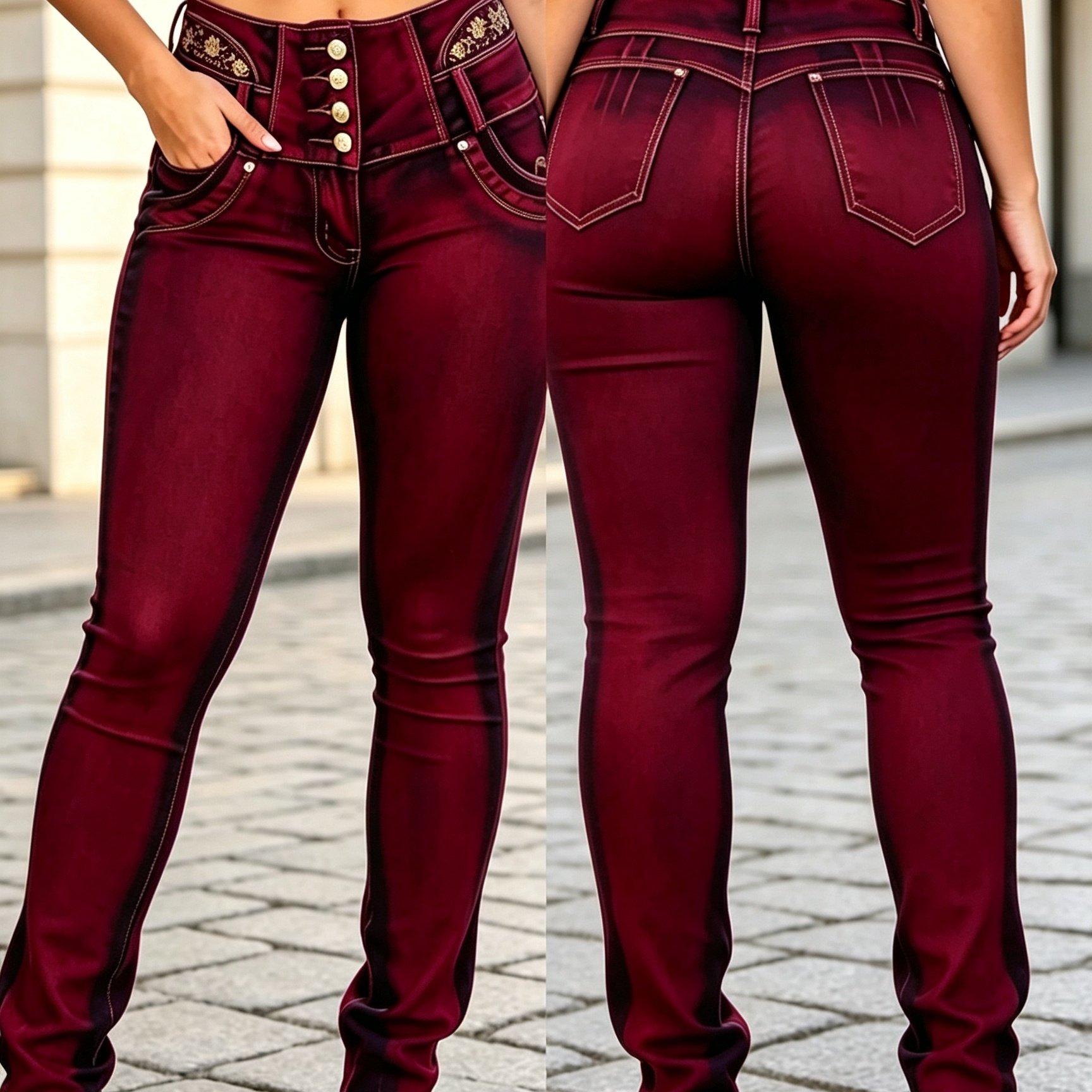 Image of Hme.burgundy Gradient 4 Button High Waist Skinny Jeans, Embroidered Stretch Slim Denim Pants, Curvy Bottoms For Daily Street Looks