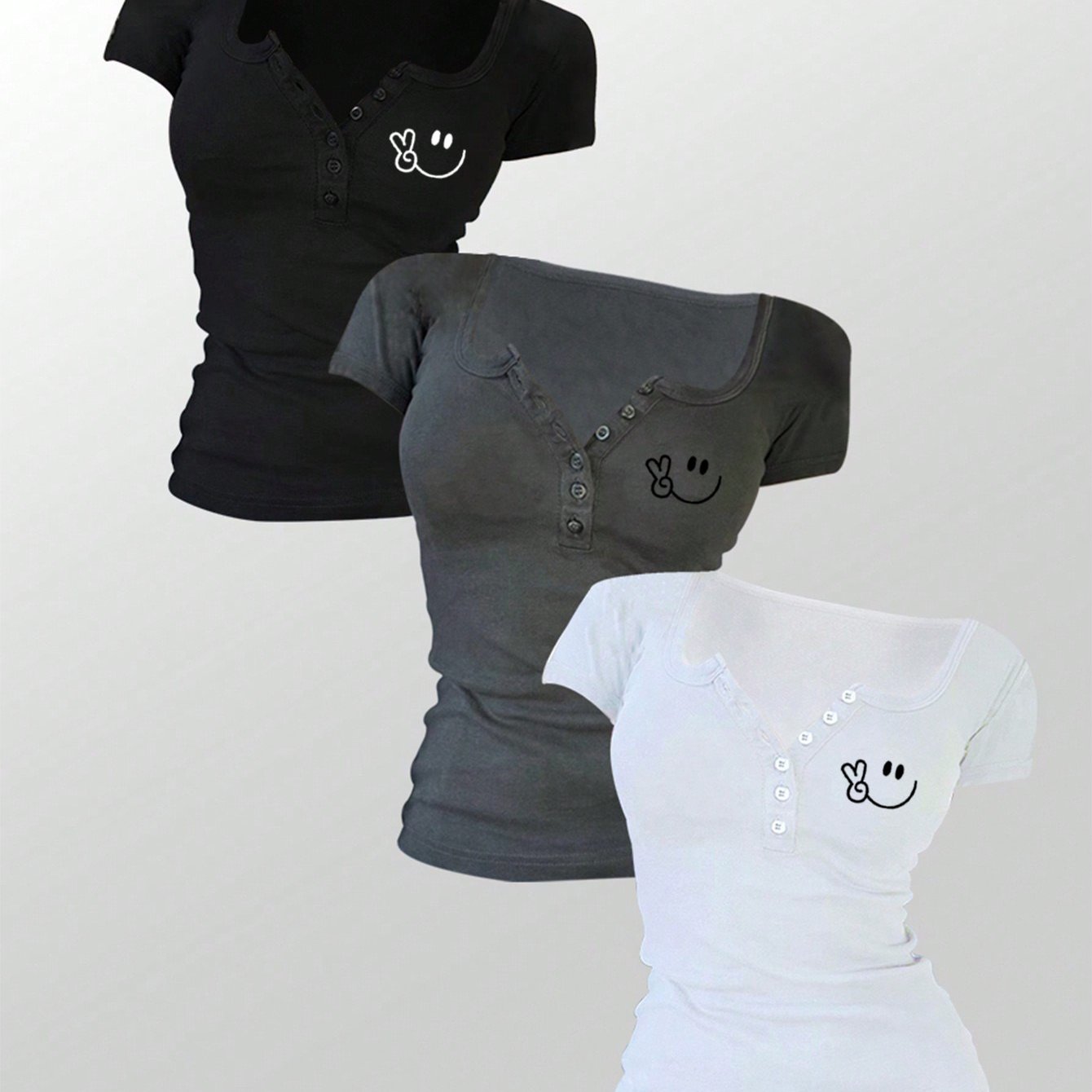 Image of Women's Victory Hand Gesture Face Graphic Print Black White Gray Set T-shirt Fashion Casual Short Sleeve V Neck Button Women 3pcs Tee