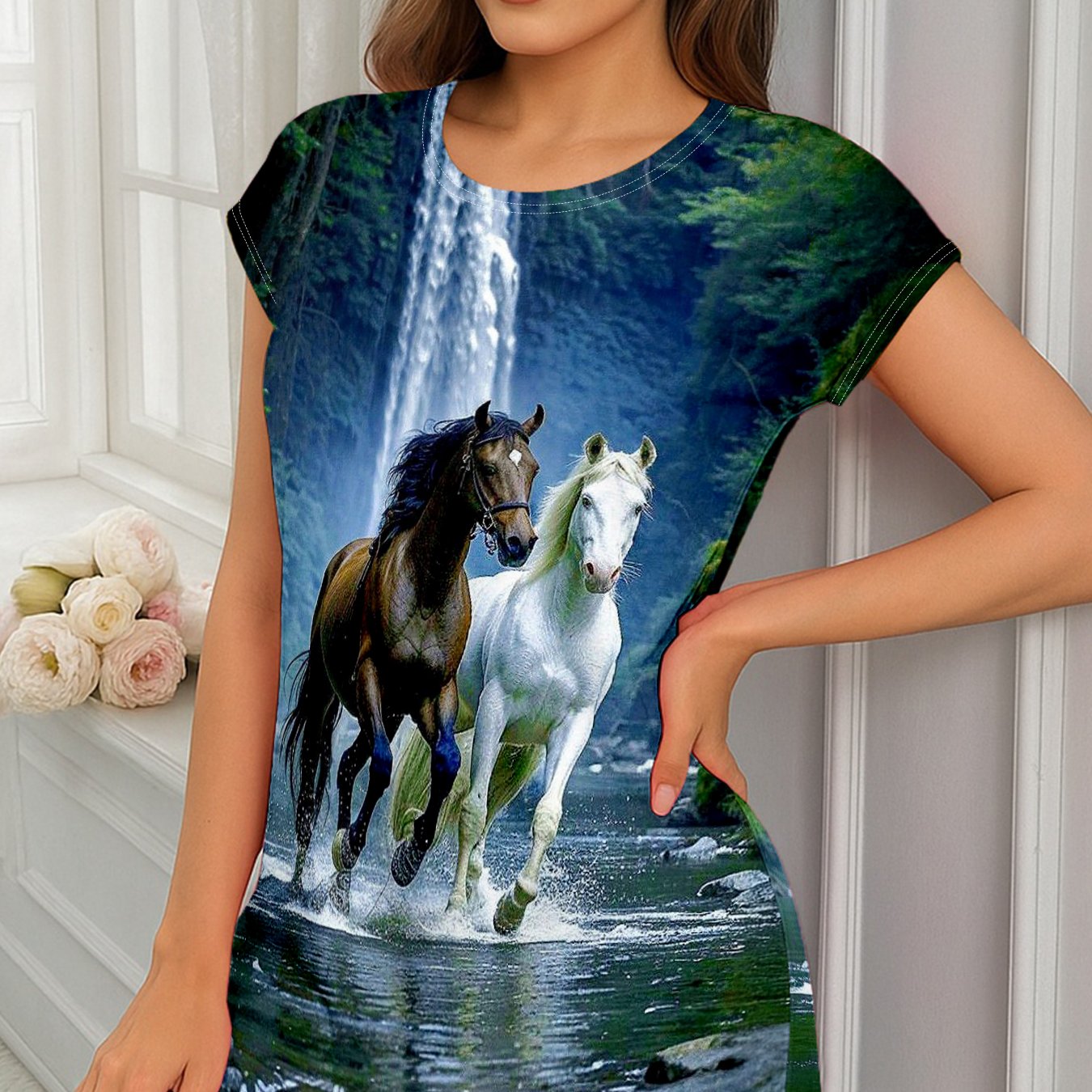 TEMU 1pc 2 Horses By Waterfall Women's Nightgown - Cartoon Pattern Print, Casual And Comfortable, Short-sleeved Round Neck For , Plus Size Long