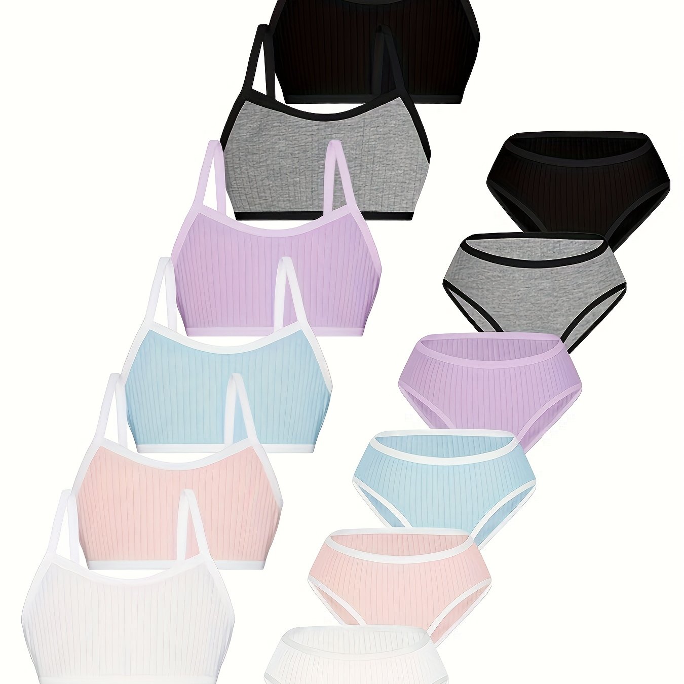 Image of 6-set 6-stripes Solid Easy Cami Bra And 6-stripes Solid Triangle Panties, Comfortable And Close-fitting, Soft Breathable And Elastic, Daily Casual Wear, For Teenager, For Teenager