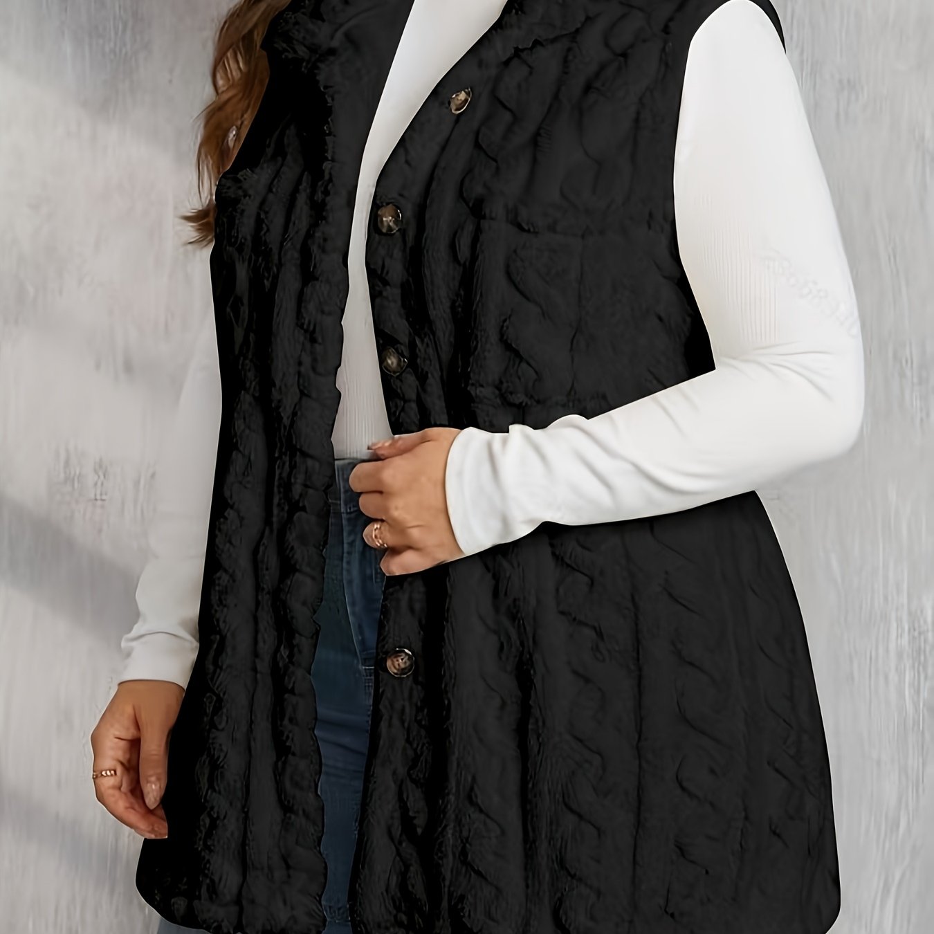 Plus Size Solid Fuzzy Vest Jacket, Casual Button Front Sleeveless Outerwear For Fall And Winter, Women's Plus Size Clothing
