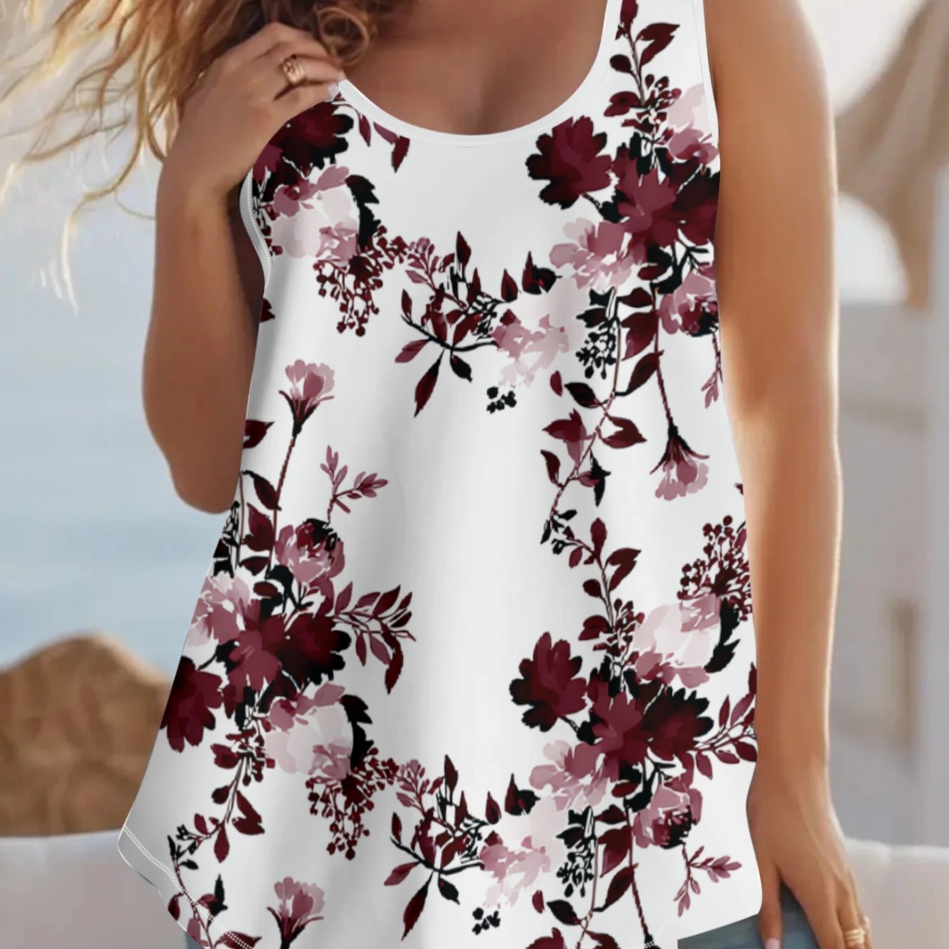 TEMU Plus Size, Plus Size Women's Wine Red Floral Sleeveless Tank Top, Loose Fit To Hide Flesh And Slim, Fresh And , Versatile Outer Top For Summer.