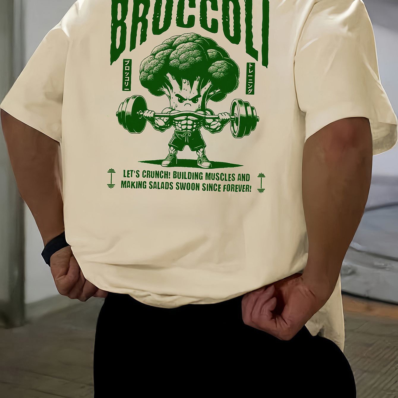 TEMU Men's Summer Casual Short Sleeve T-shirt With Funny Broccoli Graphic Print - Relaxed Fit Drop Shoulder, Breathable Round Neck Tee For Gym &