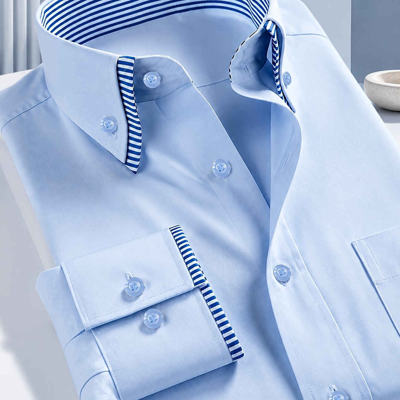 TEMU Chemise habillée d' pour homme, doublure à rayures bleues et blanches contrastées au col et aux poignets, boutons nacrés, chemise de gentleman