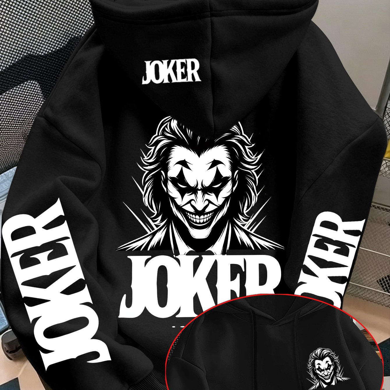 TEMU Wb Officially Licensed Men's Hoodie With Joker Black And White Portrait Print, Personalized Back Cartoon Print, American Trendy Style, 2026 New