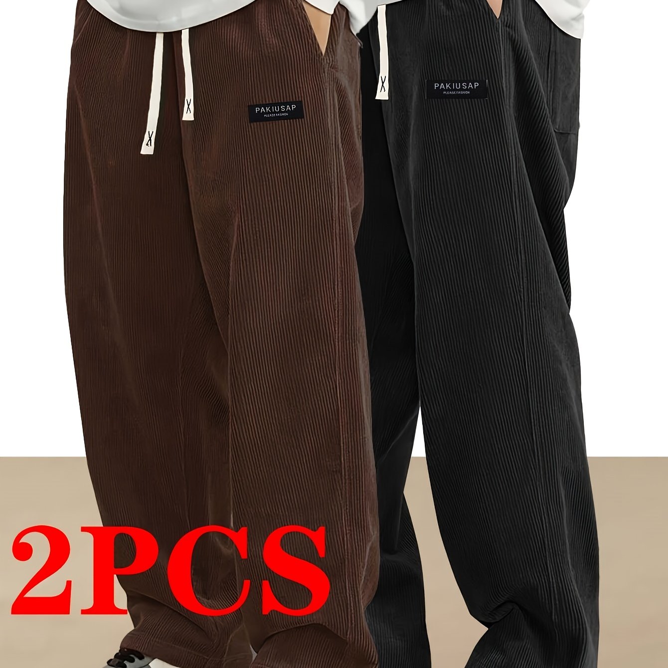 Men's Corduroy Long Pants 2pcs Set, Drawstring Elastic Waist Pocket Trousers For , Casual Athletic - Solid Soft Outdoor Versatile Pants