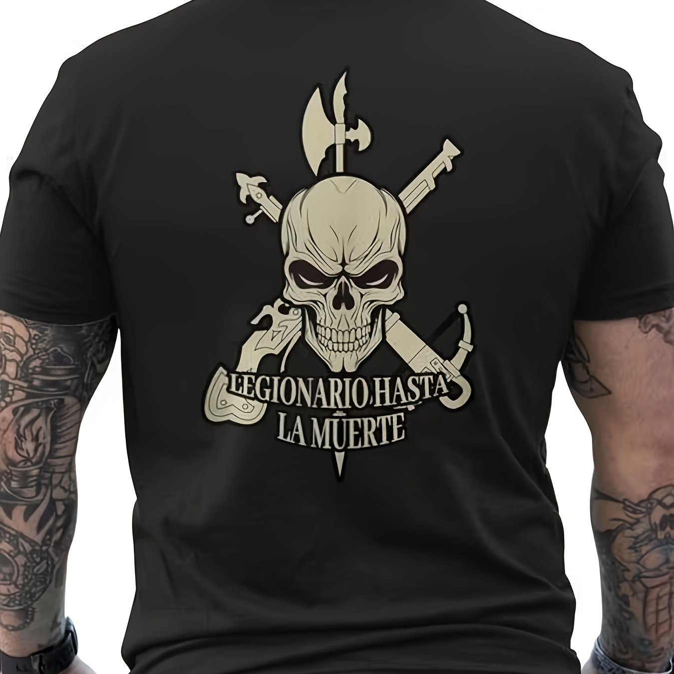 TEMU Camiseta de hombre con estampado en la espalda de la Legión Española, estilo casual, cuello , tejido y transpirable, corte regular, ideal para