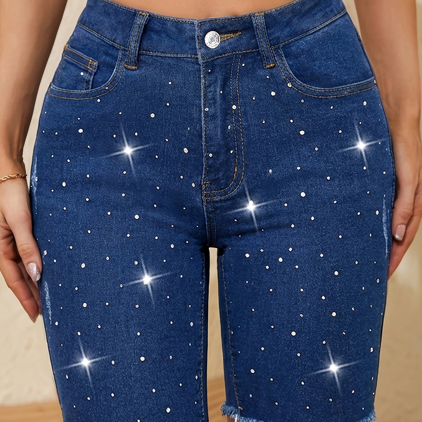 Image of Women' Blue Denim Shorts With Front Rhinestone Embellishments, Frayed Hem, Slim-fit Stretch Denim Mid-calf Length, Perfect For Daily Wear And Versatile Styling