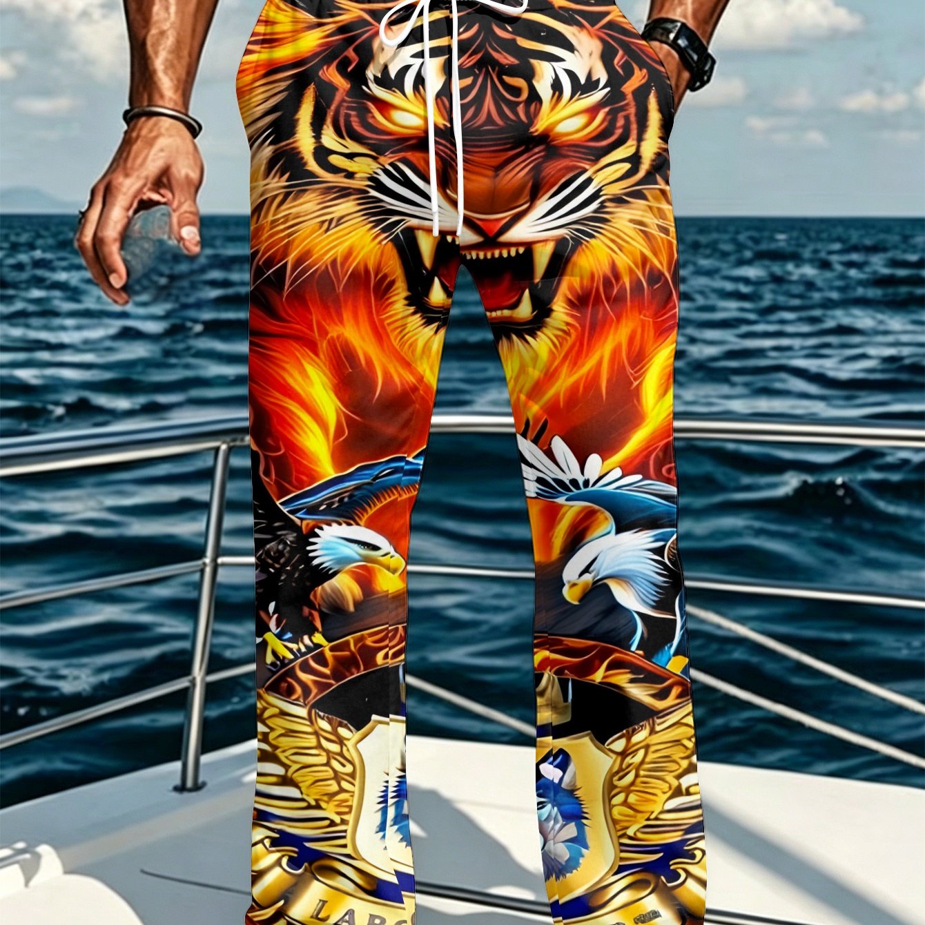 TEMU Men's Casual Long Pants, Polyester Fabric, Overbearing Flame Tiger Eagle Wolf Badge Print, Individual Trendy Casual Trousers, Comfortable