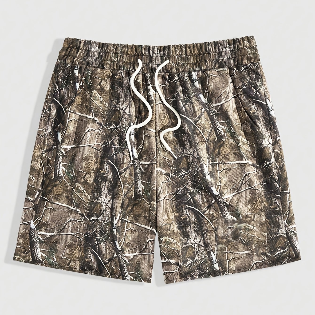 Men's Preppy Shorts With Branch Print And Drawstring Waist, Suitable For And School Wear