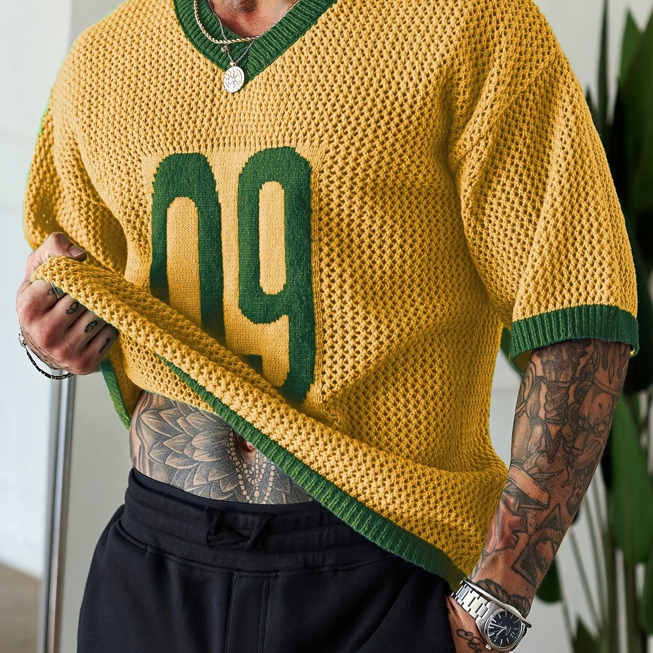 TEMU Jnblda Men' Style Contrast Color V-neck Print Raglan Knitted Pullover Men Jersey Knit Top Men Men Vacation Men Knit Tops Men Jersey