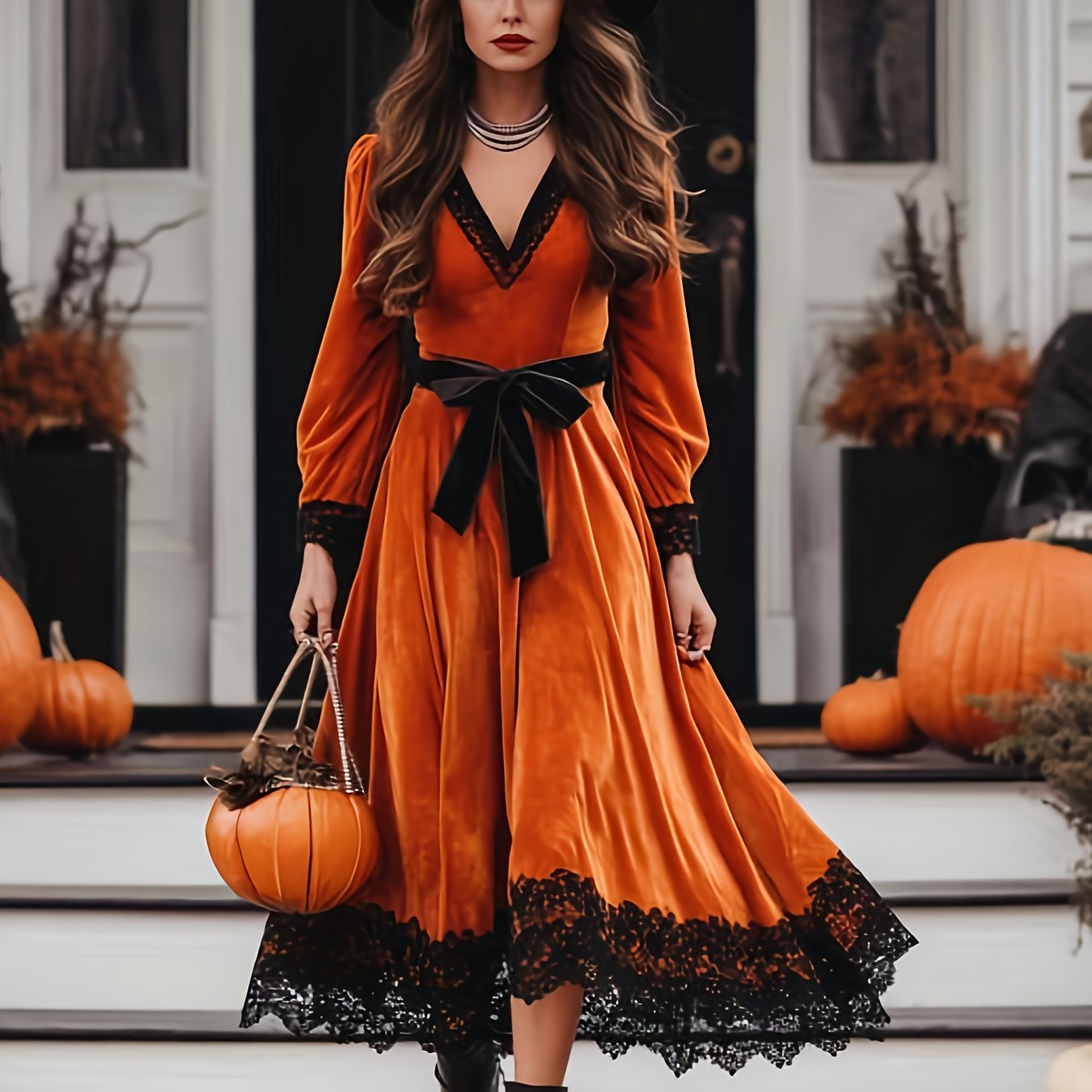 TEMU Women's Vintage Style Velvet Dress With Deep V-neck Lace-up Waist   Lace Hem, Black Lace For Halloween Party