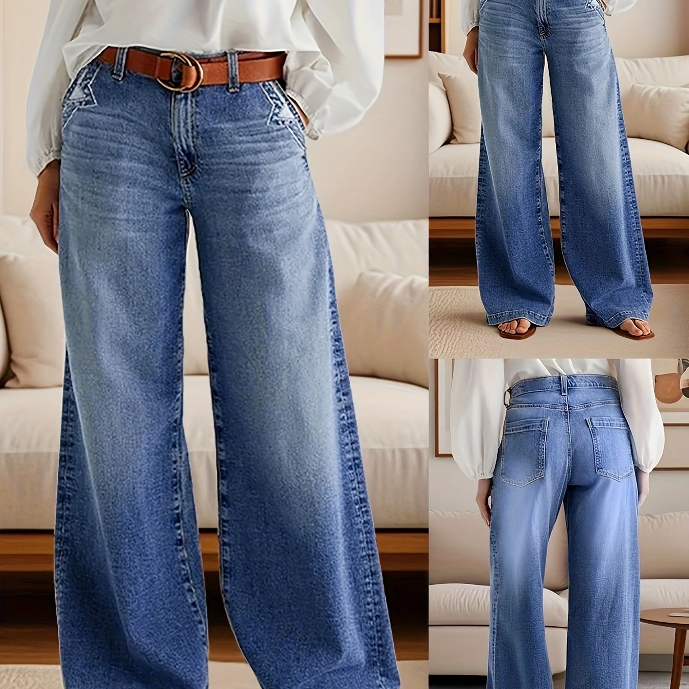 84522# Classic Retro Washed Blue Elegant Casual Flared Women's Jeans - Stylish And Versatile