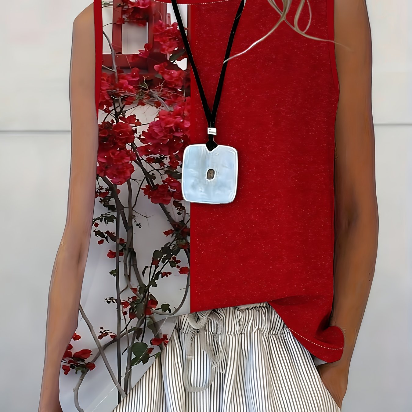 TEMU Red Sleeveless Top, Women's Summer Loose Casual Vest, Temperament Printed Design, Fashionable All-match Style