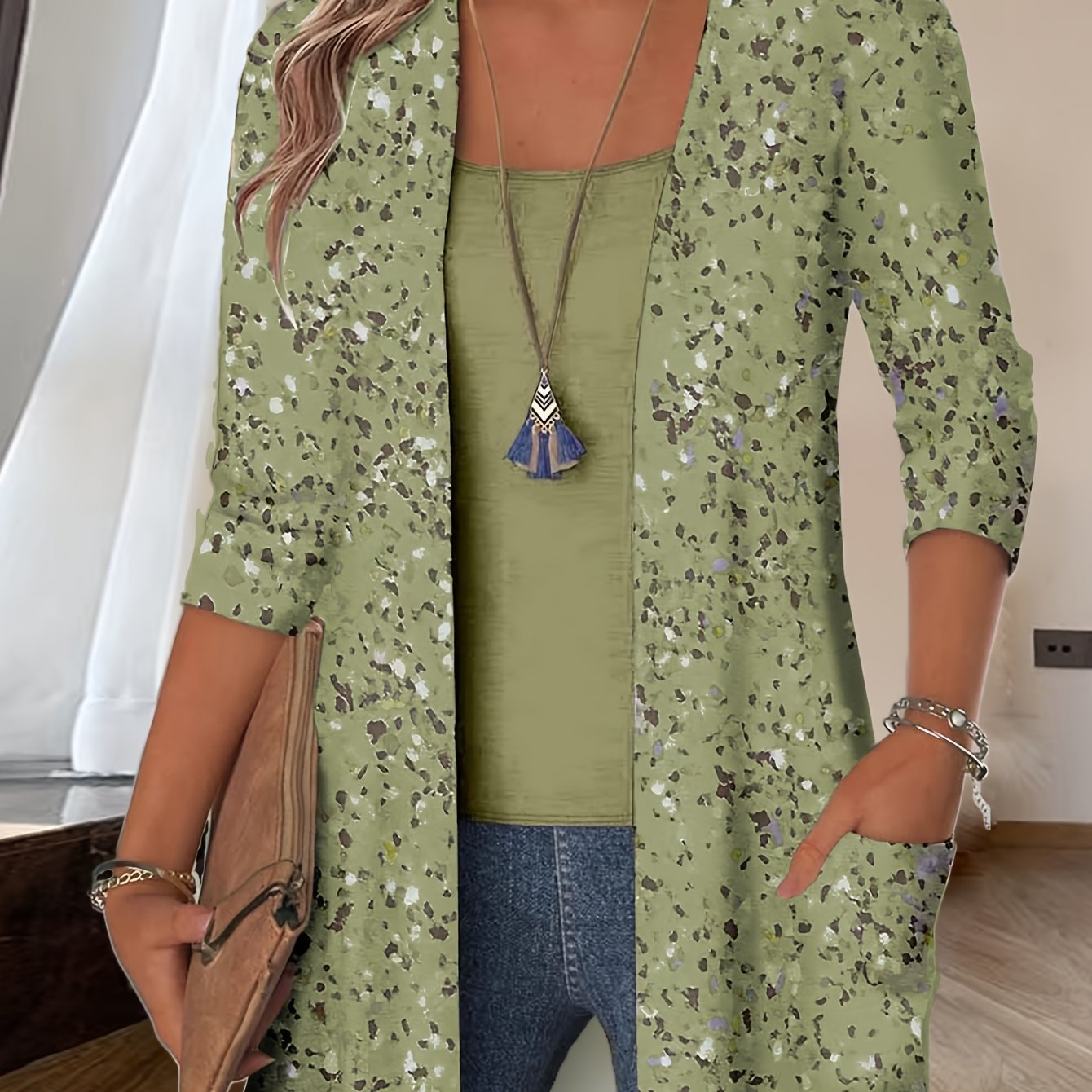 TEMU Spring/summer Women's 2pcs Set: Mid-length Cardigan Shawl With Print, Casual And Elegant 2pcs Set, Mid-sleeve Outer Jacket, Solid Color Camisole