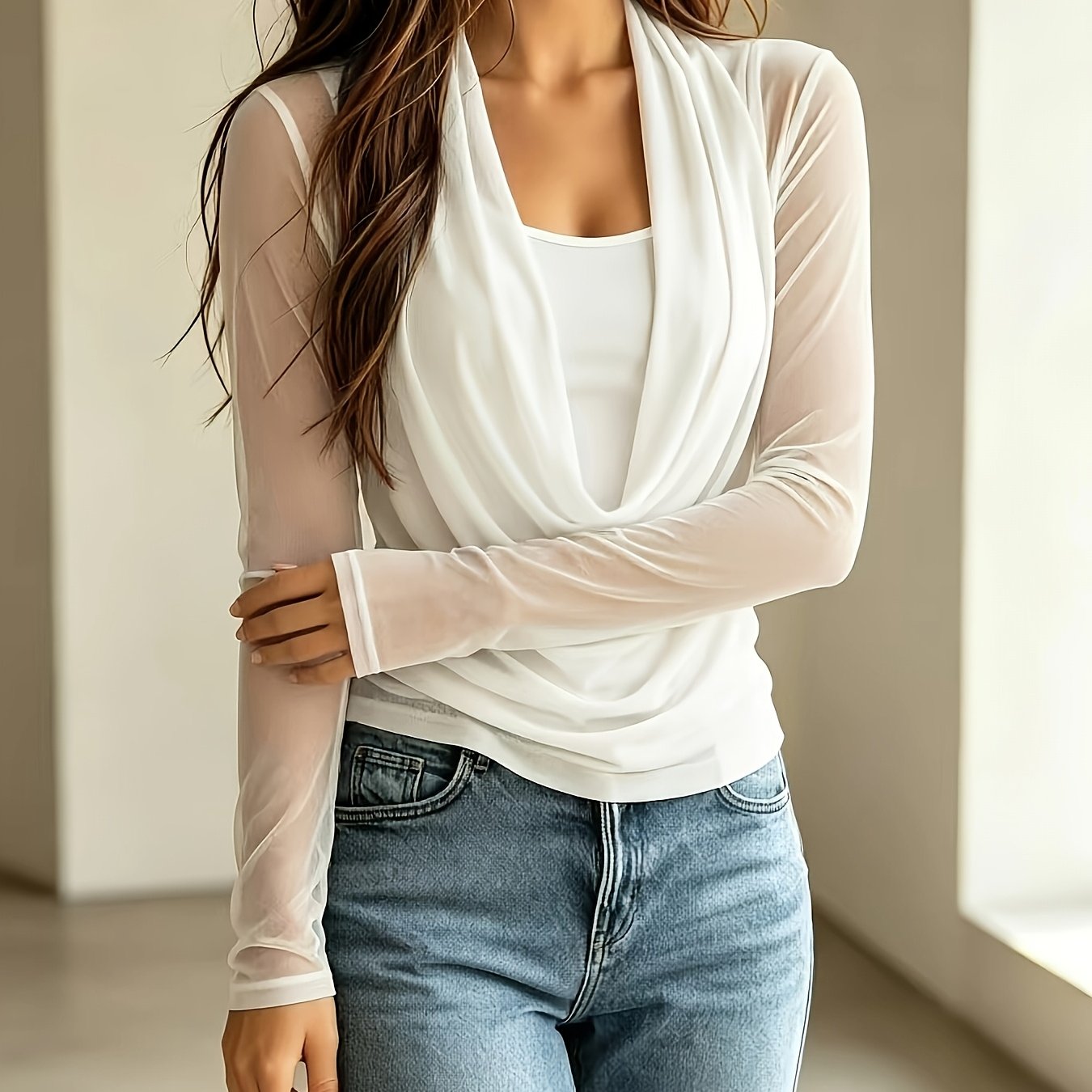 TEMU Ensemble pour femme BK260626072 comprenant une chemise à manches longues en à col évasé drapé français, un justaucorps à bretelles moulant et un