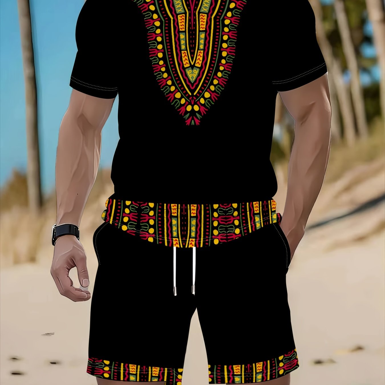TEMU Set Of Casual Sports T-shirts For Men, Featuring A Summer 3d Digital Ethnic Pattern Print On A Short-sleeved Top And Matching Shorts
