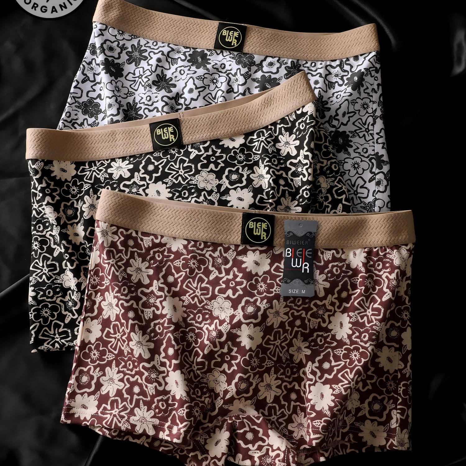 Image of 3pcs Biweier Ladies' Floral-print Flat-front Panties, Soft And Comfortable, Fashionable And Style, Suitable For Ladies' Casual Sports And Home Commuting, Valentine's Day Gift