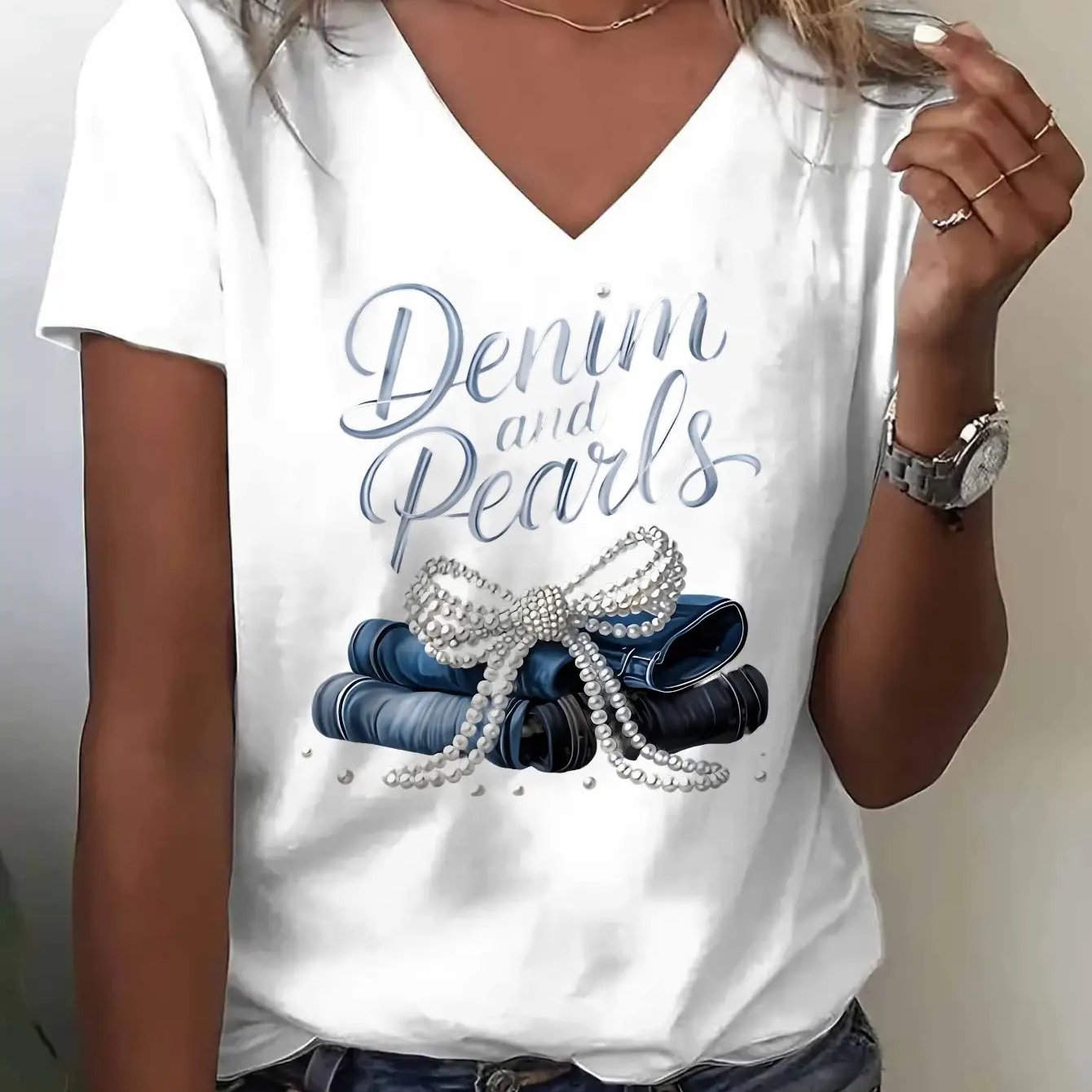 TEMU I Recently Is A V-neck Women's 100% T-shirt Suitable For Occasions Such As Going Out, Commuting, And Vacationing. Is A Denim Pearl Pattern