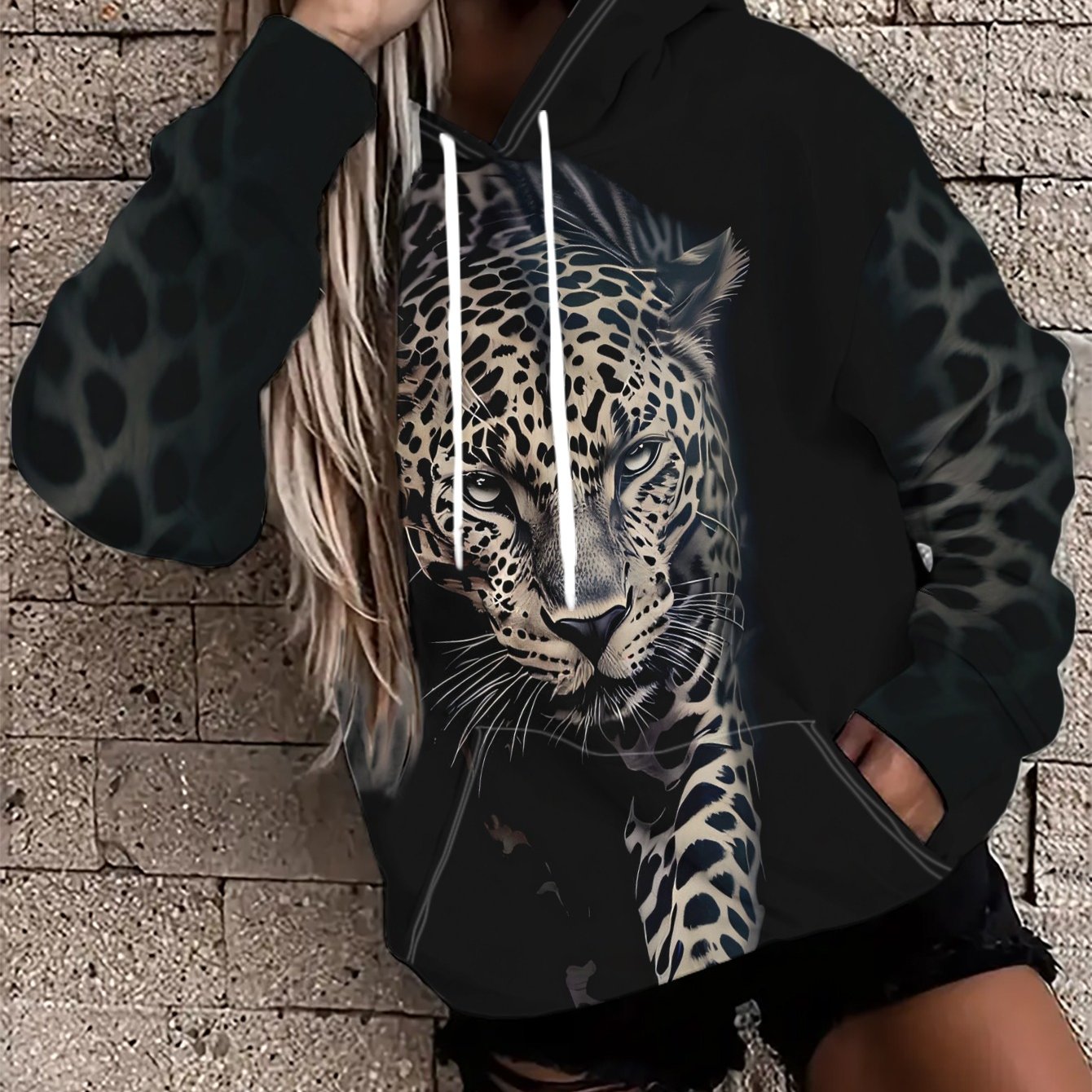 TEMU Sweat à capuche pour femme avec imprimé léopard, cordon de serrage, coupe , manches longues, pull décontracté en , style tendance et , vêtement