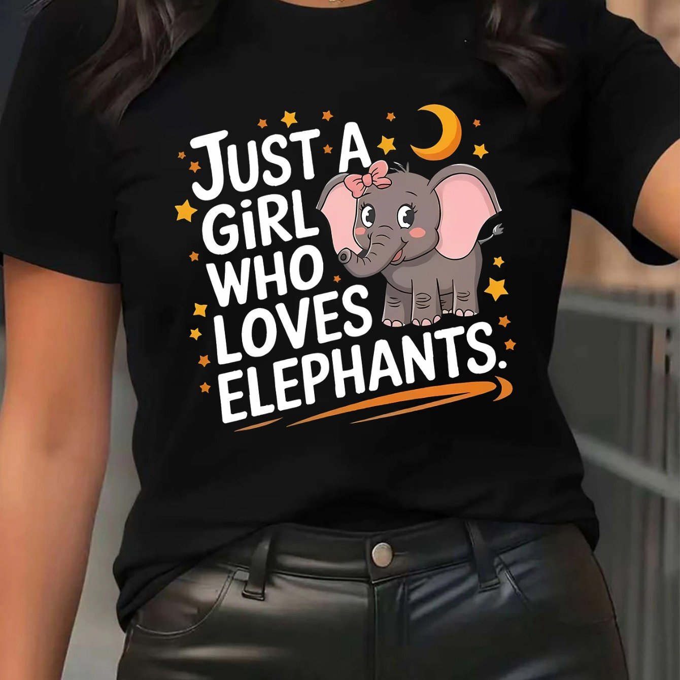 TEMU Women's Casual Short Sleeve T-shirt, , Base With Elephant Graphic "just A Who Elephants" Text, Star Moon Design, Fit For Everyday Wear