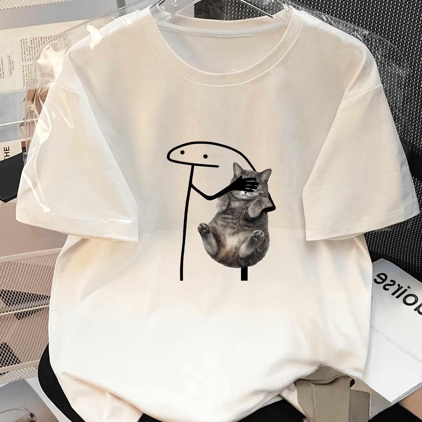 TEMU Women's Funny Meme Cat Hug Eye Cover Print T-shirt, Casual Crew Neck Short Sleeve Top, Lover Summer