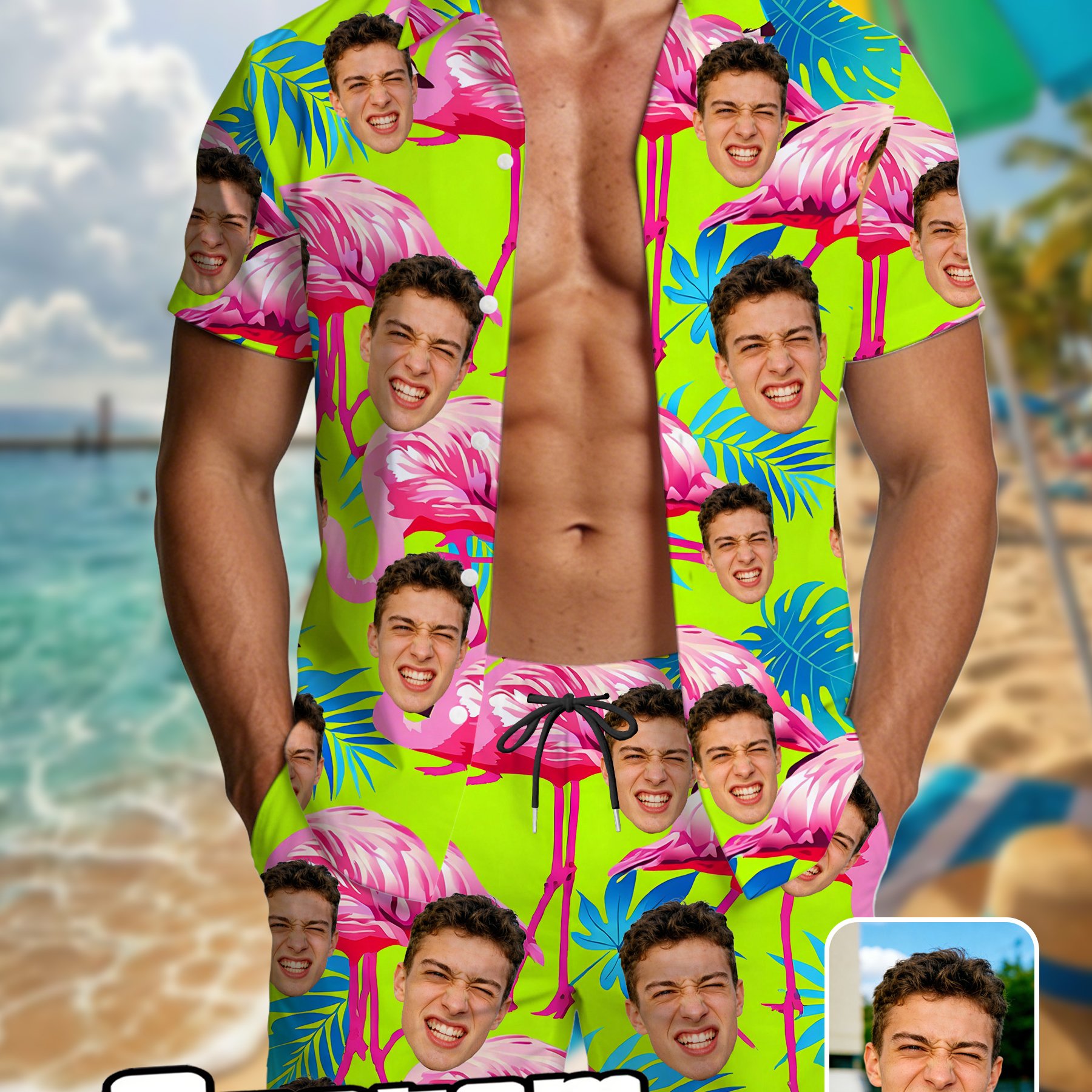 TEMU Men's Hawaiian Suit, Custom Photo Face Print, Fluorescent Hawaiian Suit, Tropical Plant Print Suit, Summer Beach Party Vacation Suit,