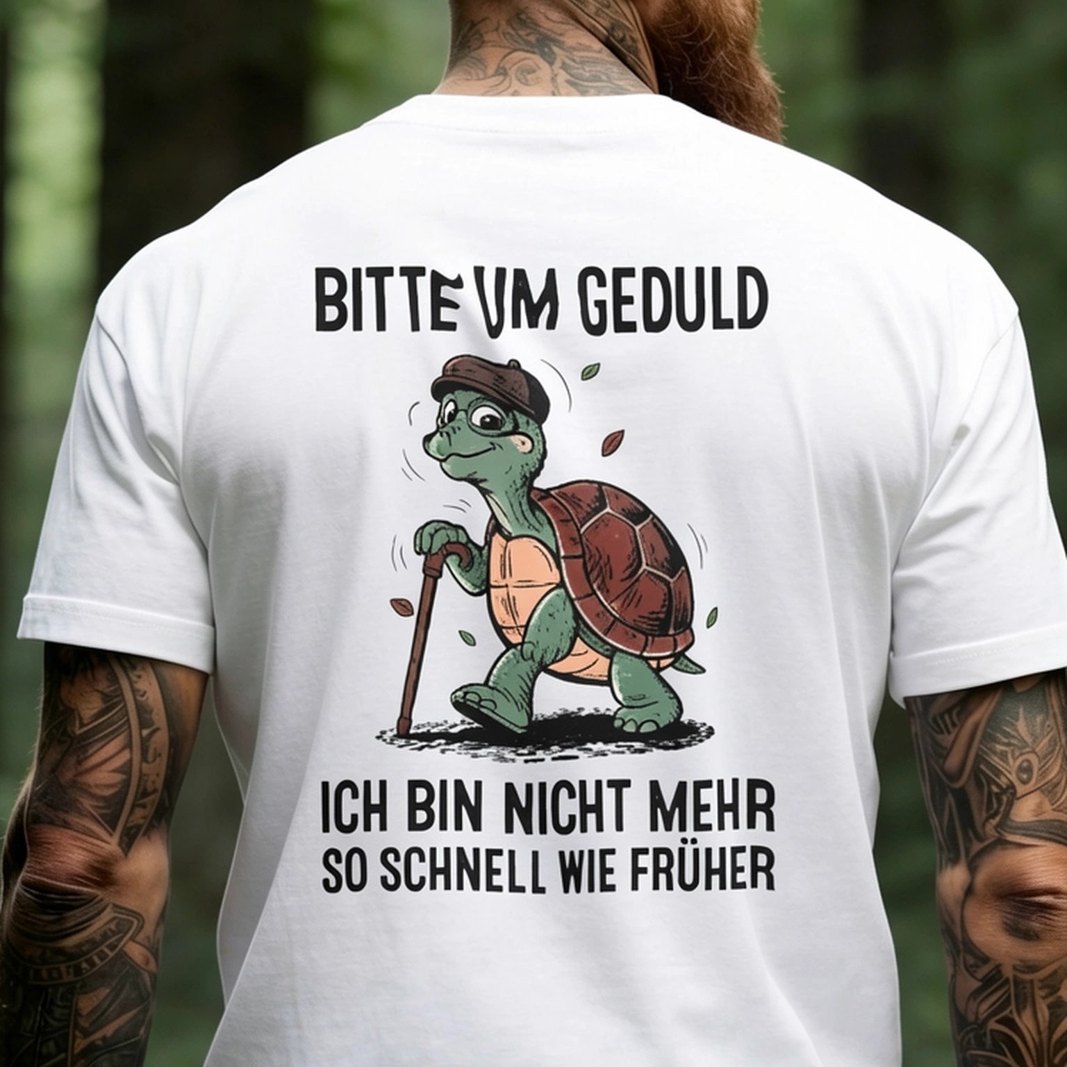 Image of White T-shirt With Turtle And German Text Graphic For Outdoor Activities And Casual Wear