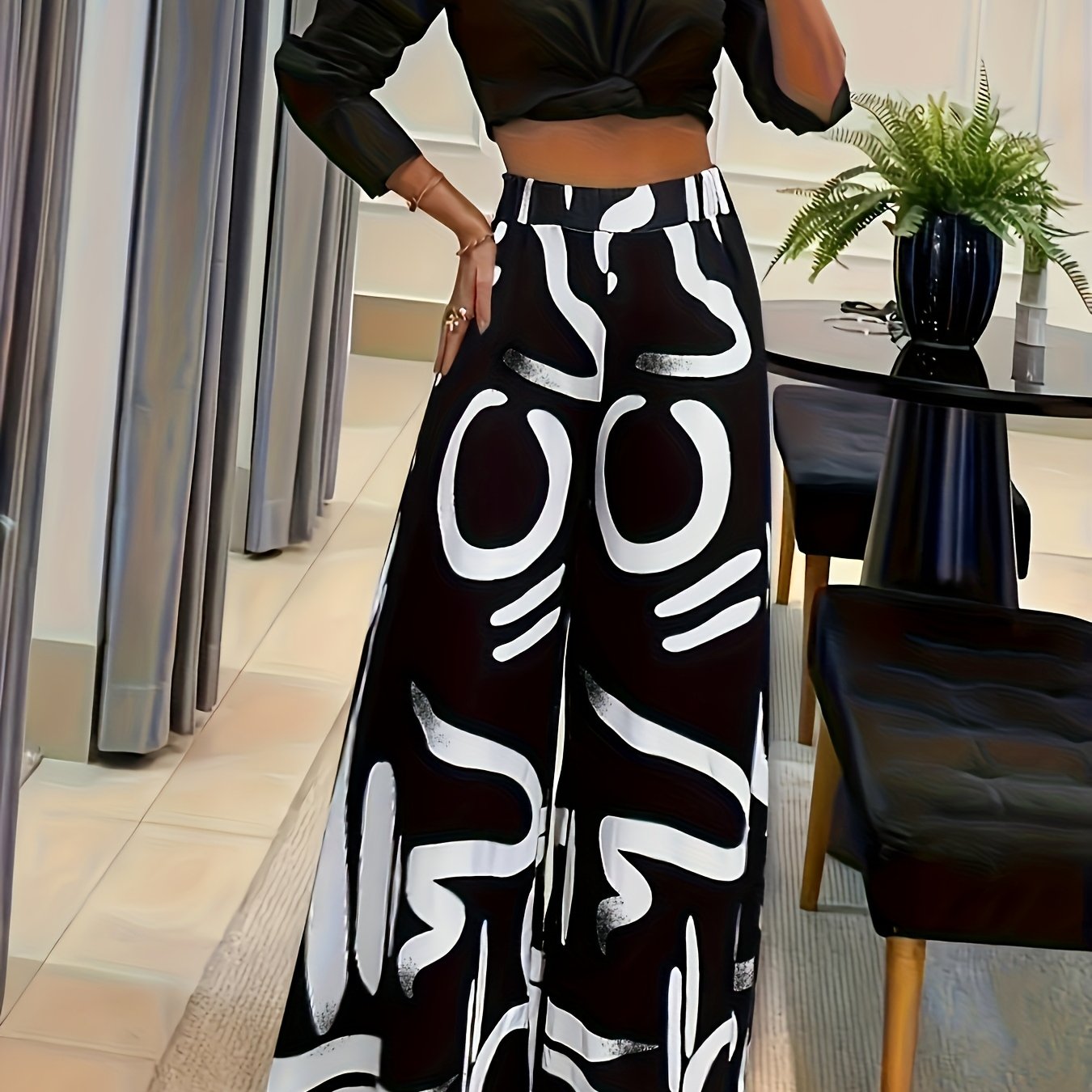 Image of Order/women's Elegant Loose-fit Printed Casual High-waisted Wide-leg Pants/women's Trousers