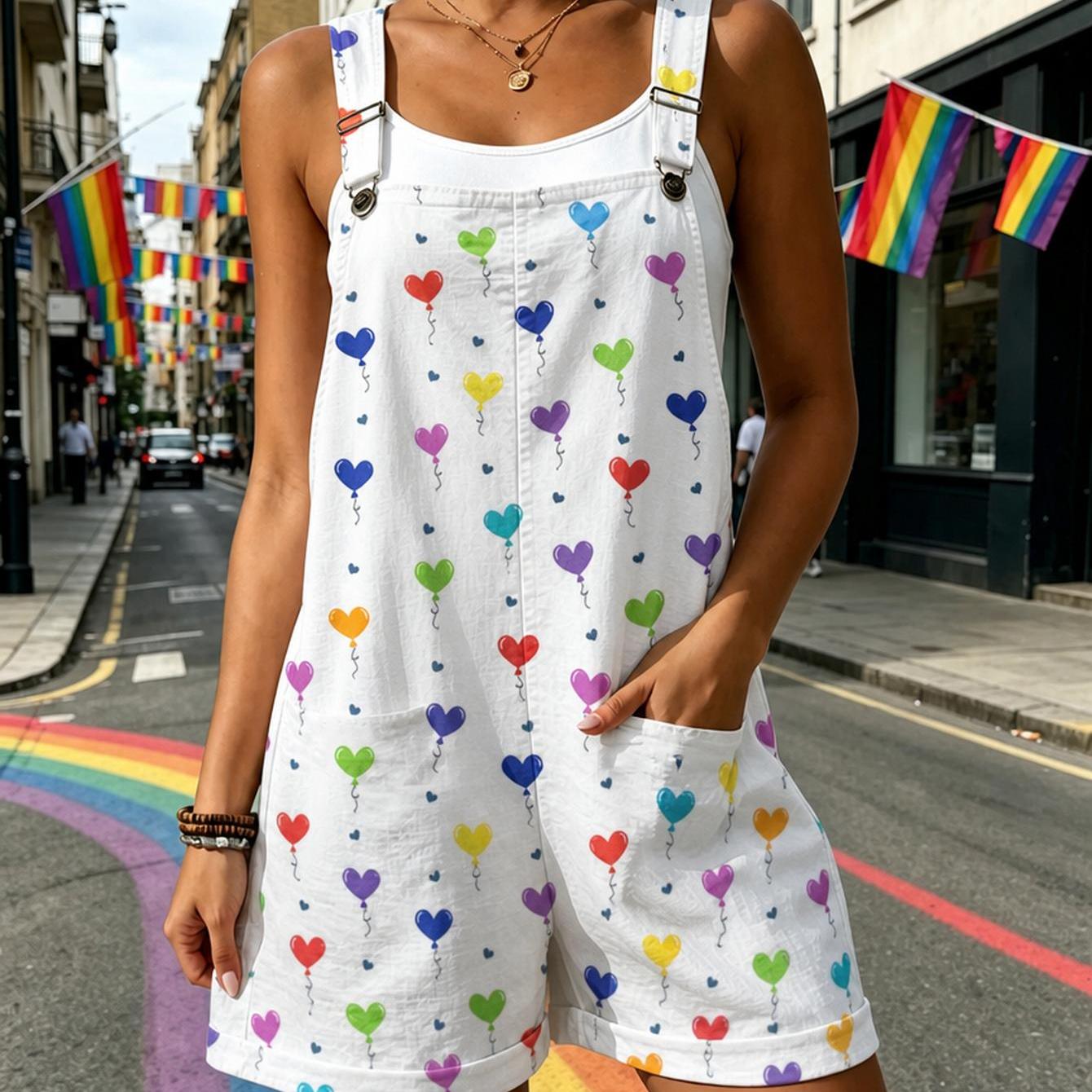 TEMU Plus Size, Plus Size Women Colorful Heart Balloon Full Print Short Overalls, Trendy Streetwear Culotte Jumpsuit With Padded Belt. For Spring,