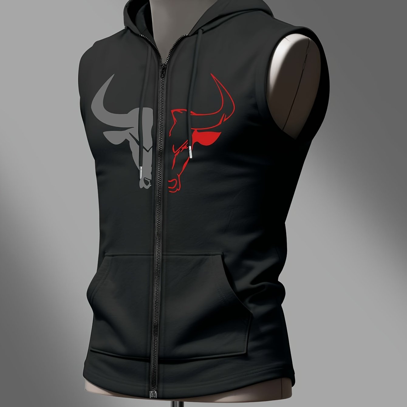 TEMU Débardeur à capuche manches pour homme, gilet zippé à cordon de serrage avec imprimé tête de , gilet de sport pour course , course de nuit,