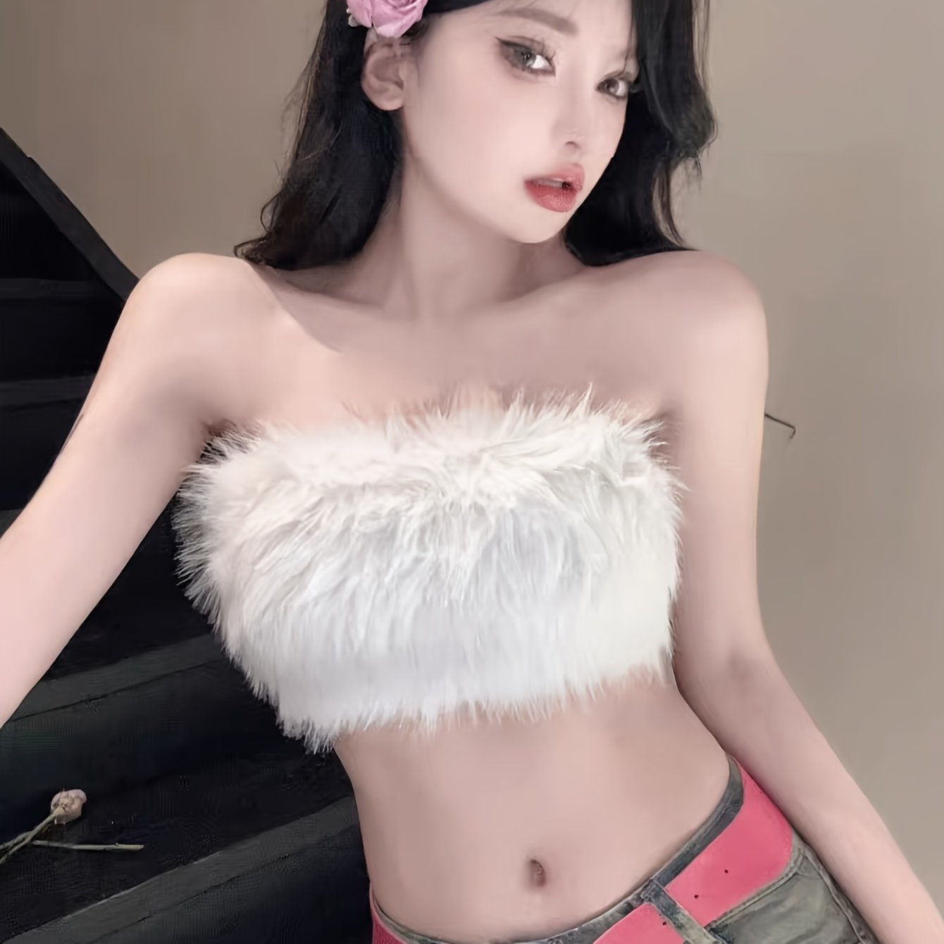 TEMU Sexy Hot White Plush Soft Short Camisole Top Women's Spring Summer Style Slim Fit Individual Outer Wear Fall Winter Base Layer Vest