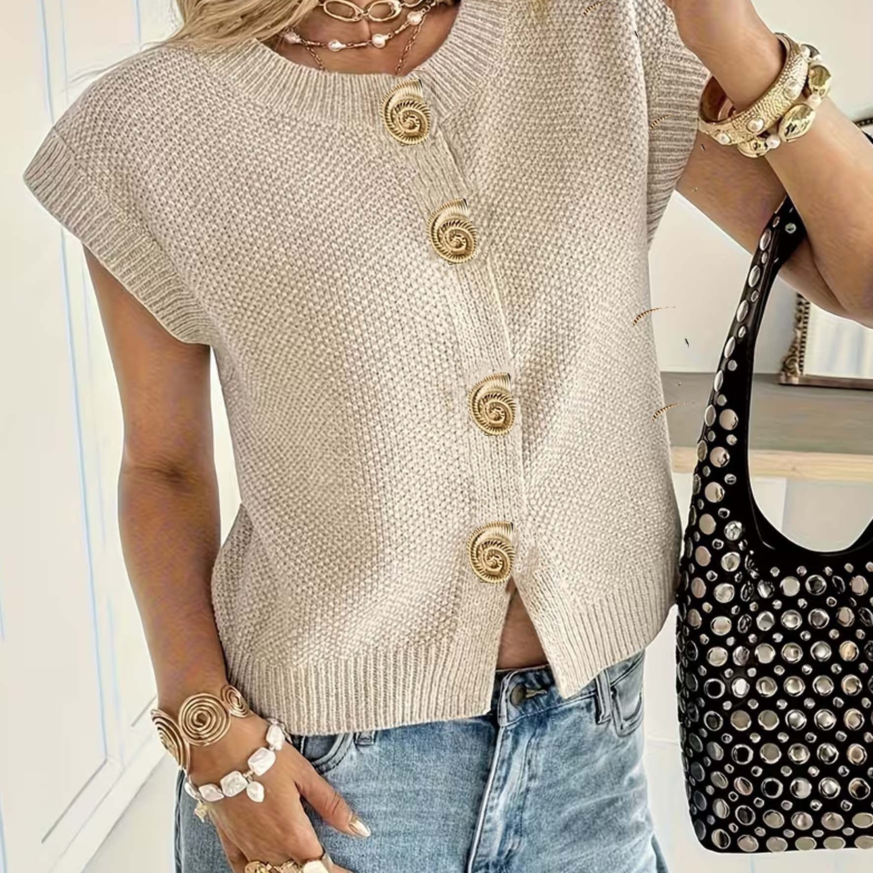 TEMU Solid Color Sleeveless Soft Cardigan, A Soft, Elegant, And Versatile Style With A Conch-shaped Button Design, Suitable For Simple Commuting