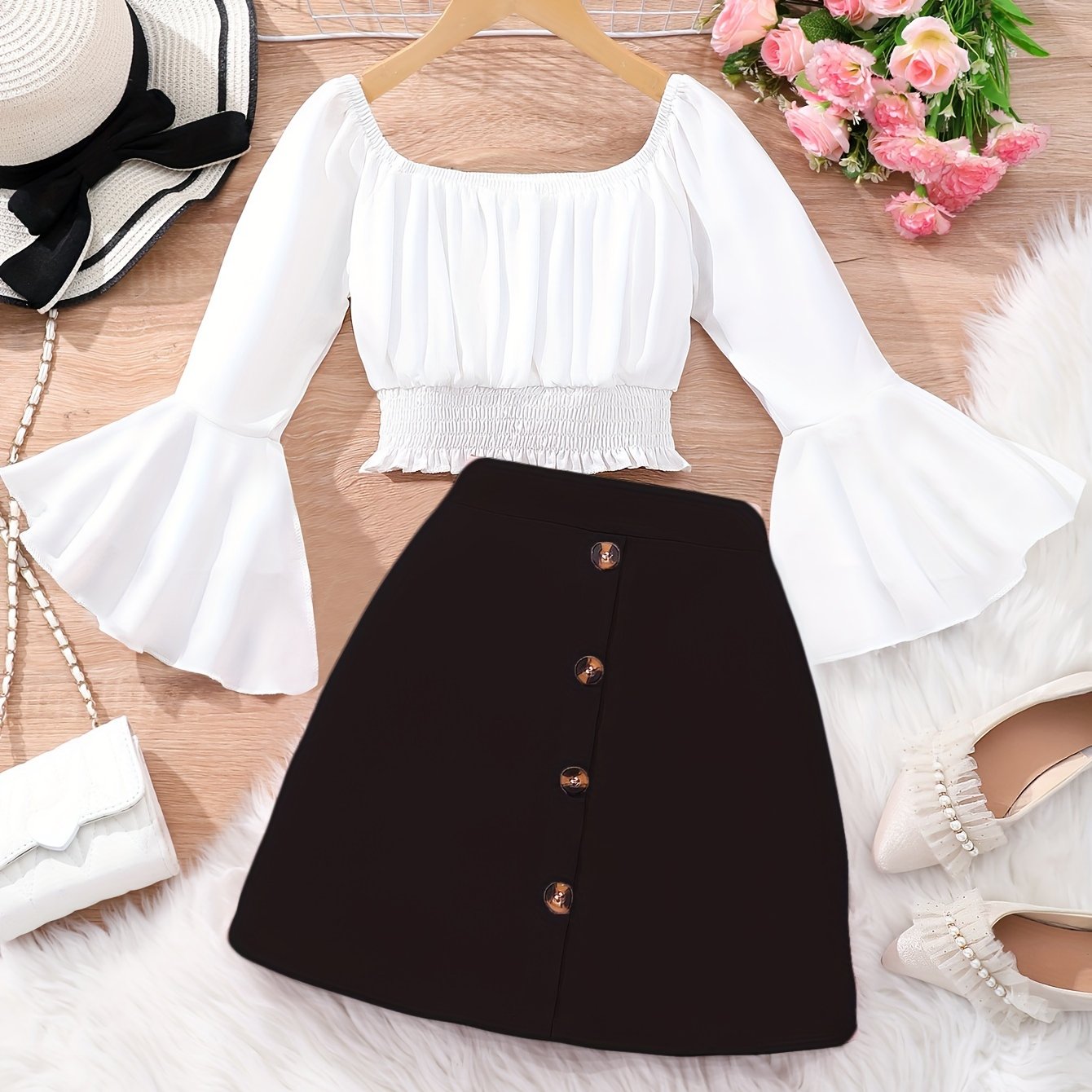 2pcs, Solid Color Long Flutter Sleeve Crop Shirred * + Solid Color Button Decor Skirt With Belt Set For Girls, Cute And Trendy Holiday Outdoor Set Summer Gift