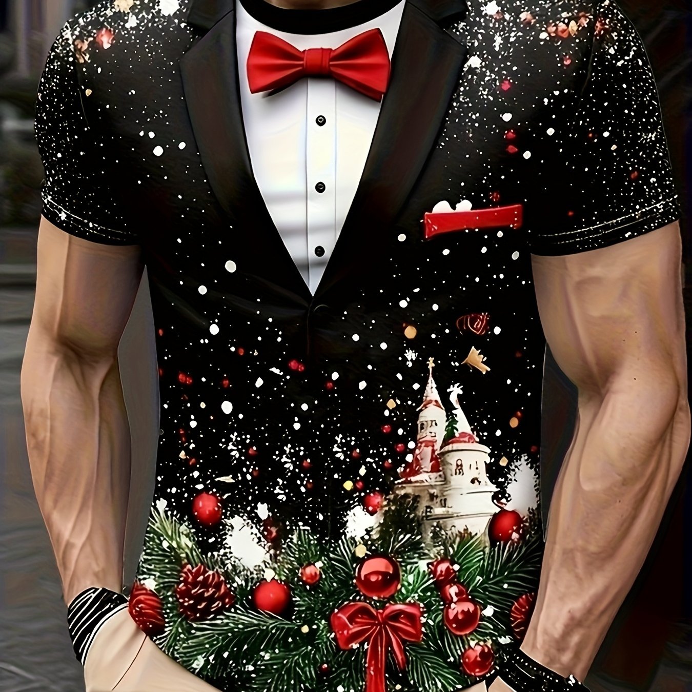 Image of Gift Joy, Festive Men's 3d Printed T-shirt - Tuxedo And Christmas Elements Holiday Wear, Machine Washable - Ideal Present For Boyfriend Or Friend, Fun Christmas Shirt