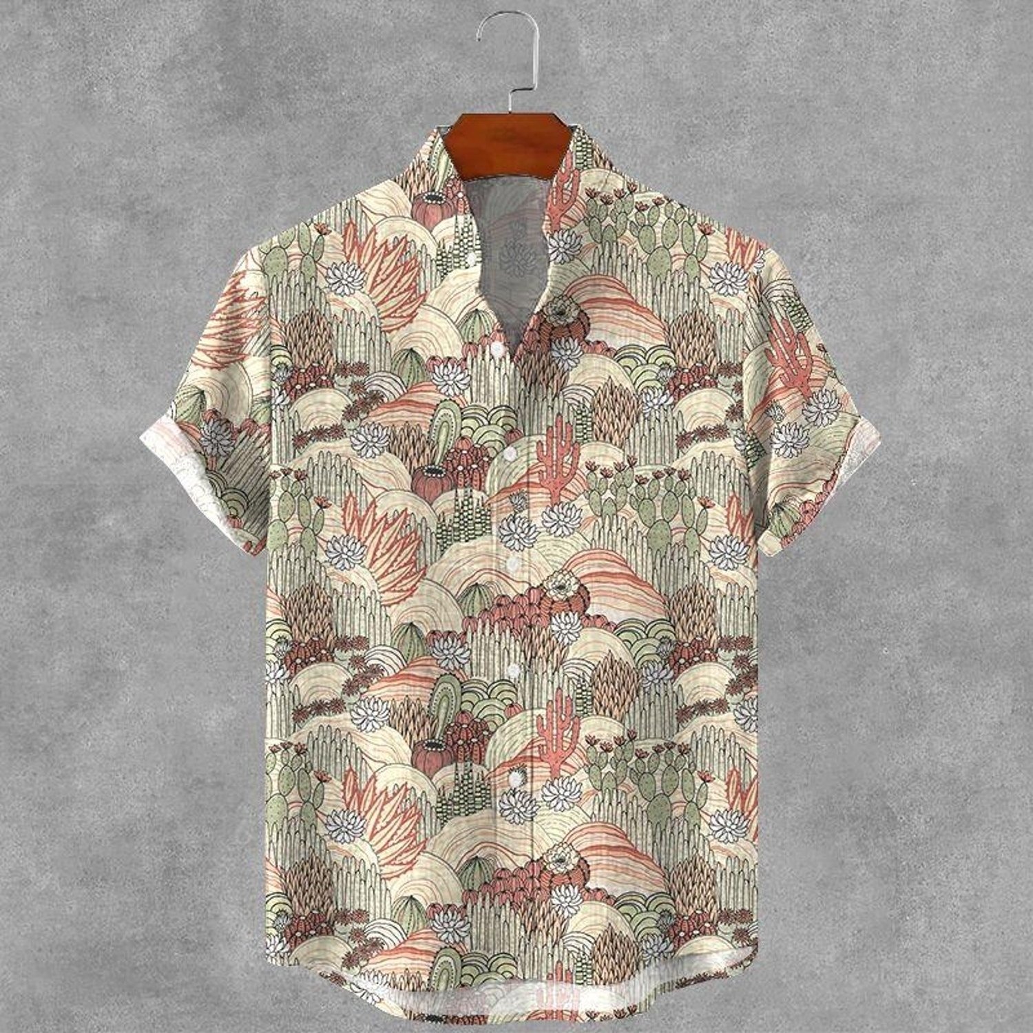 TEMU Men's Casual Printed Short-sleeved Shirt, Cactus Floral Pattern, Collar With Pocket, Polyester Fabric, Comfortable For Daily Wear, Mixed Color,