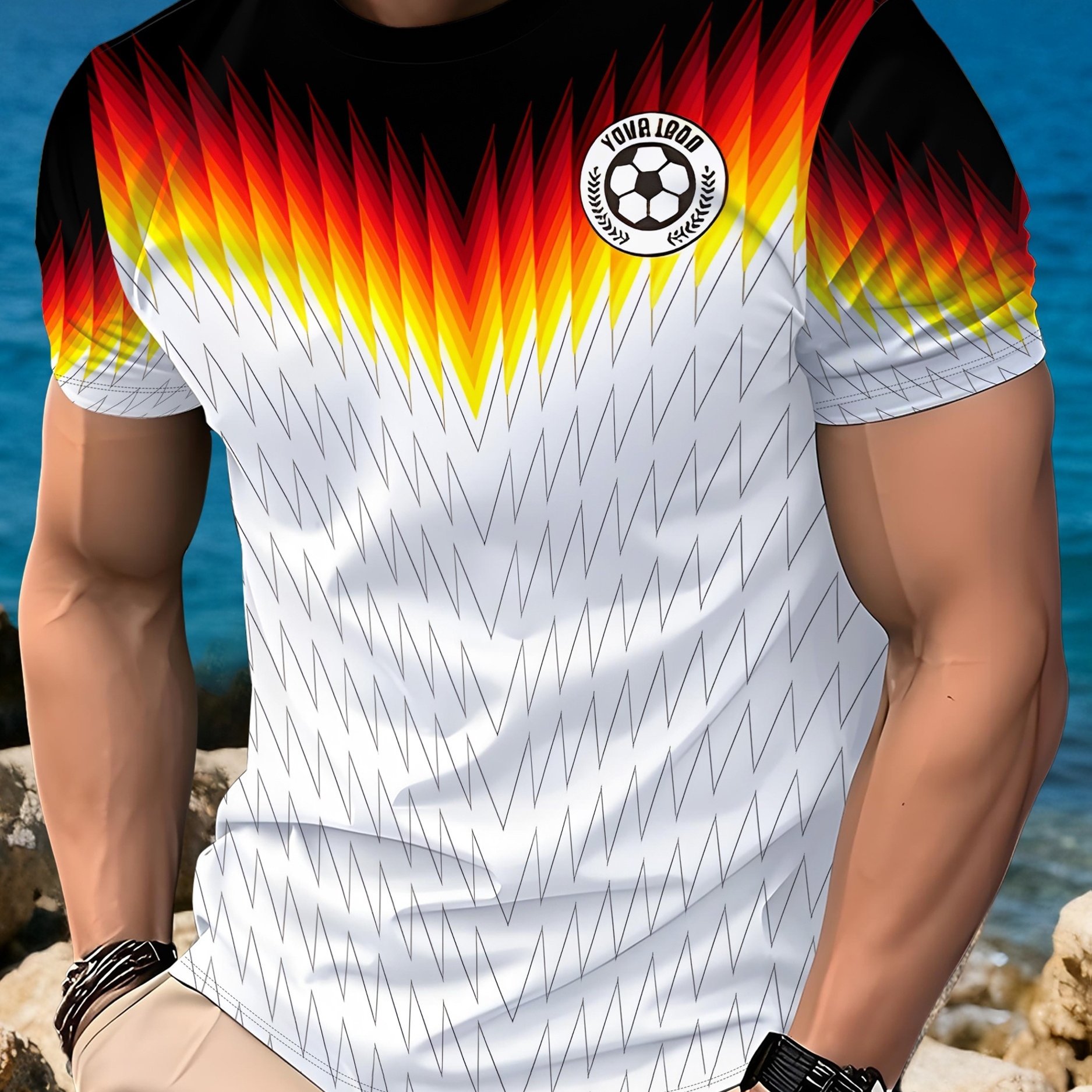 TEMU 2026 Sommer Neues Deutschlandsflagge Farbe Flammenverlauf Druck Fußball Kurzarm T-Shirt Herren Sport Casual Atmungsaktives Rundhals Oberteil