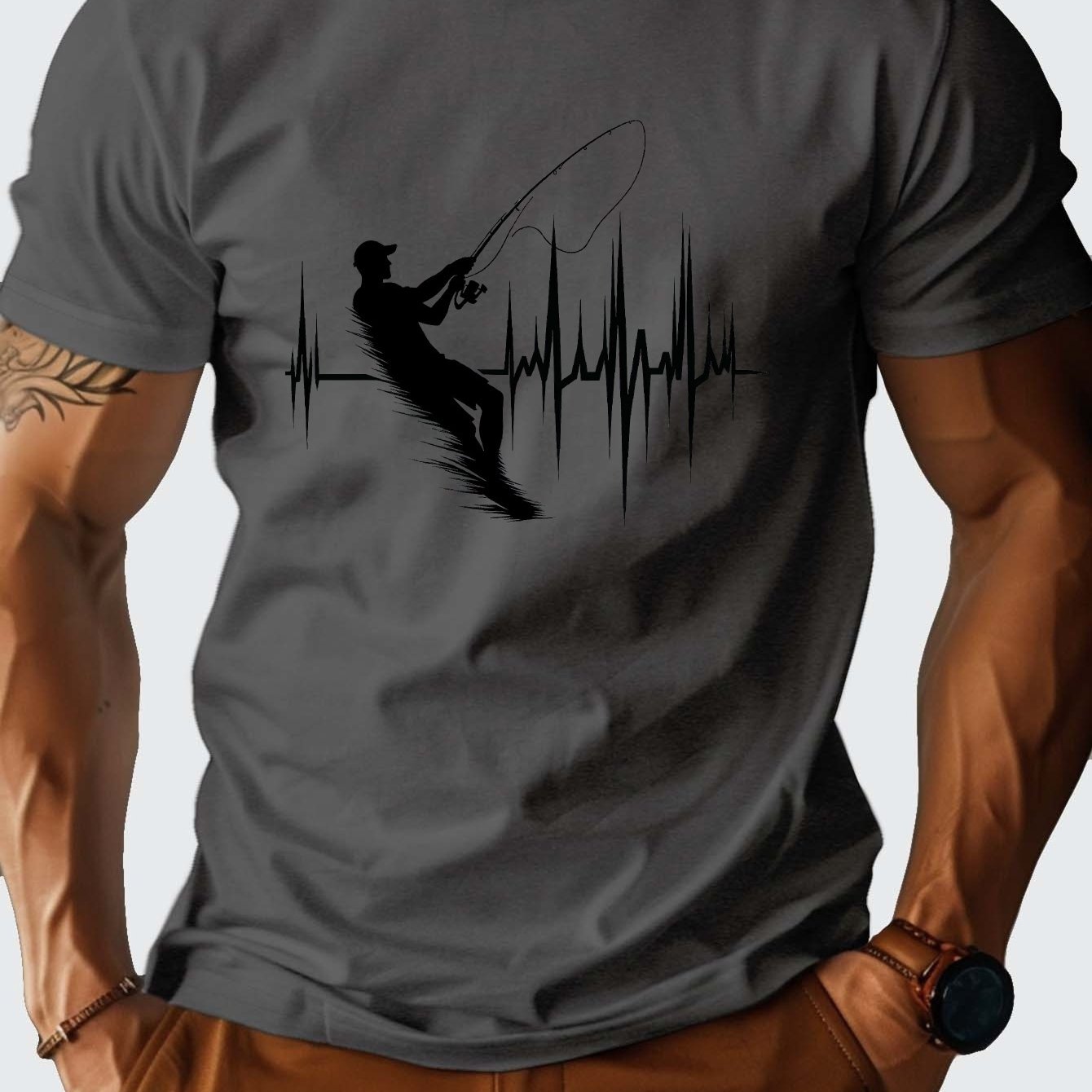 TEMU Men's Casual Cotton T-shirt With Fishing Heartbeat Silhouette Design – Soft, Breathable, And For Casual Attire, Casual Wear | Fishingthemed Shirt | Soft Texture