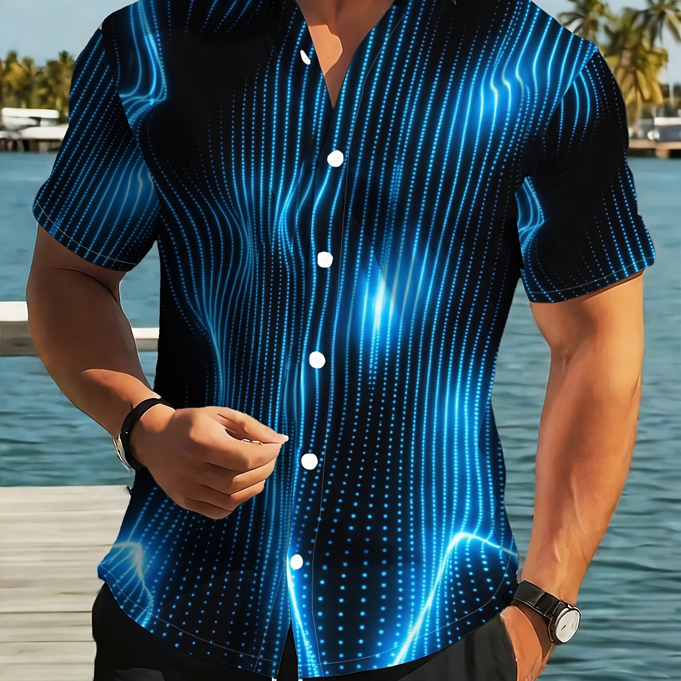 TEMU Men's Fashion Short Sleeve Shirt, Wavy Short Sleeve Shirt Trendy New Summer Outfit, Casual Leisure Shirt, Vacation Beach Shirt, For Summer