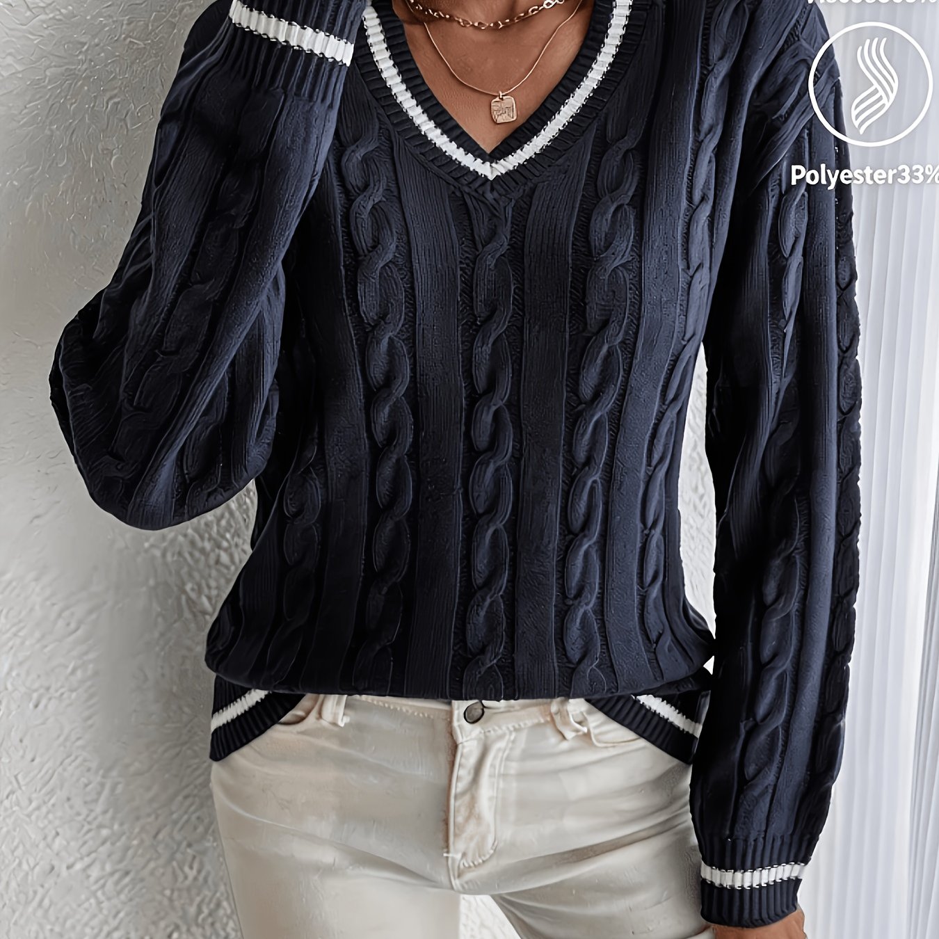 Striped Trim Cable Drop Shoulder Sweater
