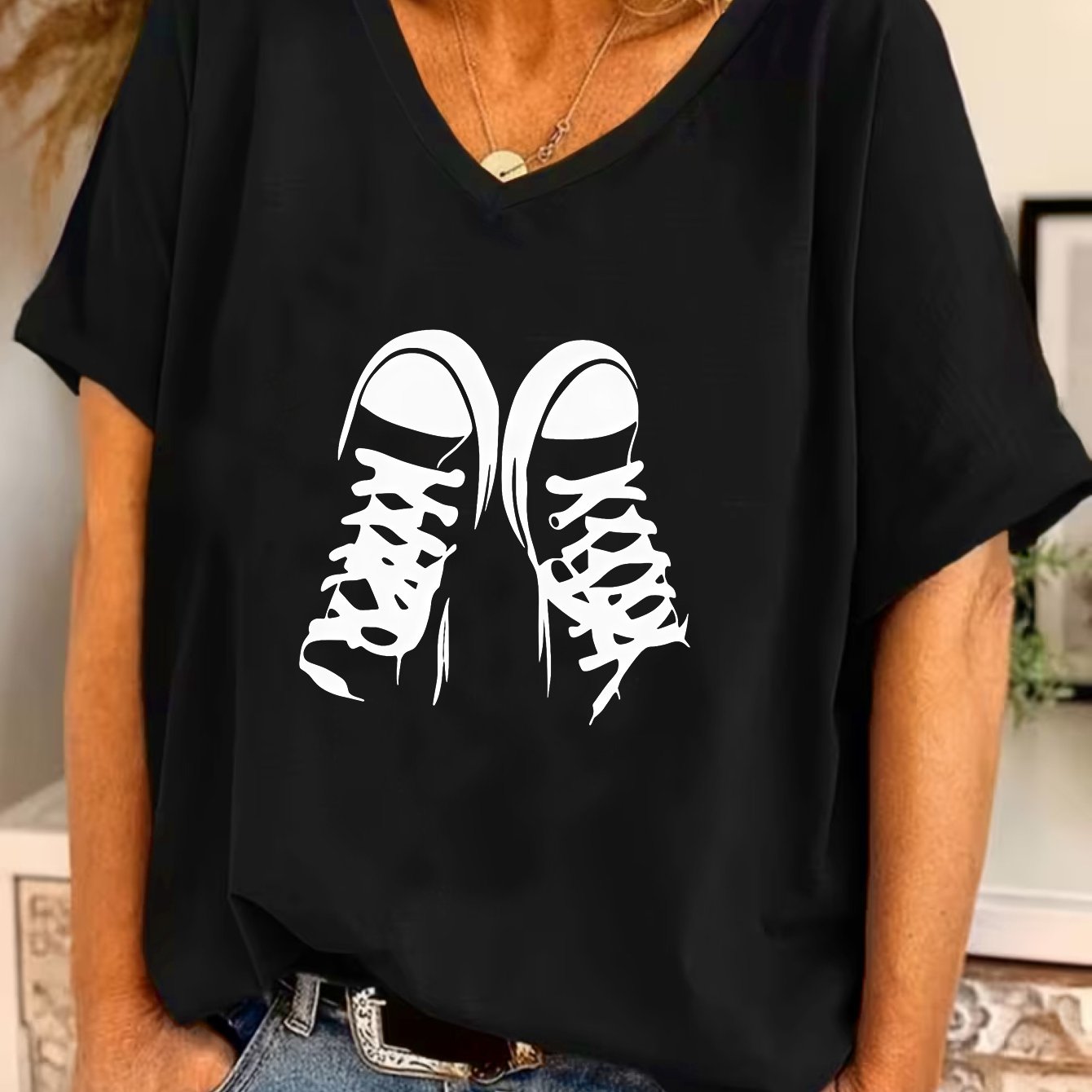 TEMU Taglie Forti - Taglie Forti - Scarpe da Donna Taglie Forti, Stampa con Motivo, Maglietta a Maniche Corte con Scollo a V, Top Casual con Design a