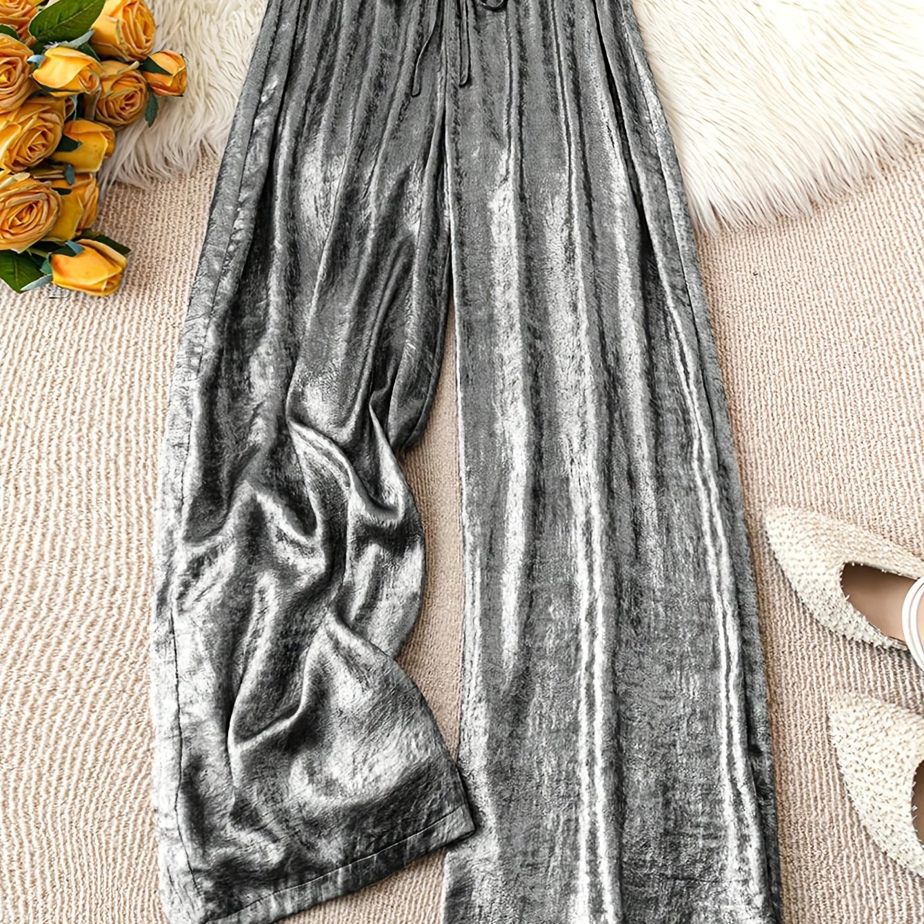 E-shop Damenmode Casual Glänzende Uni-Farbe Elastische Taille Weite Passform Lange Hosen
