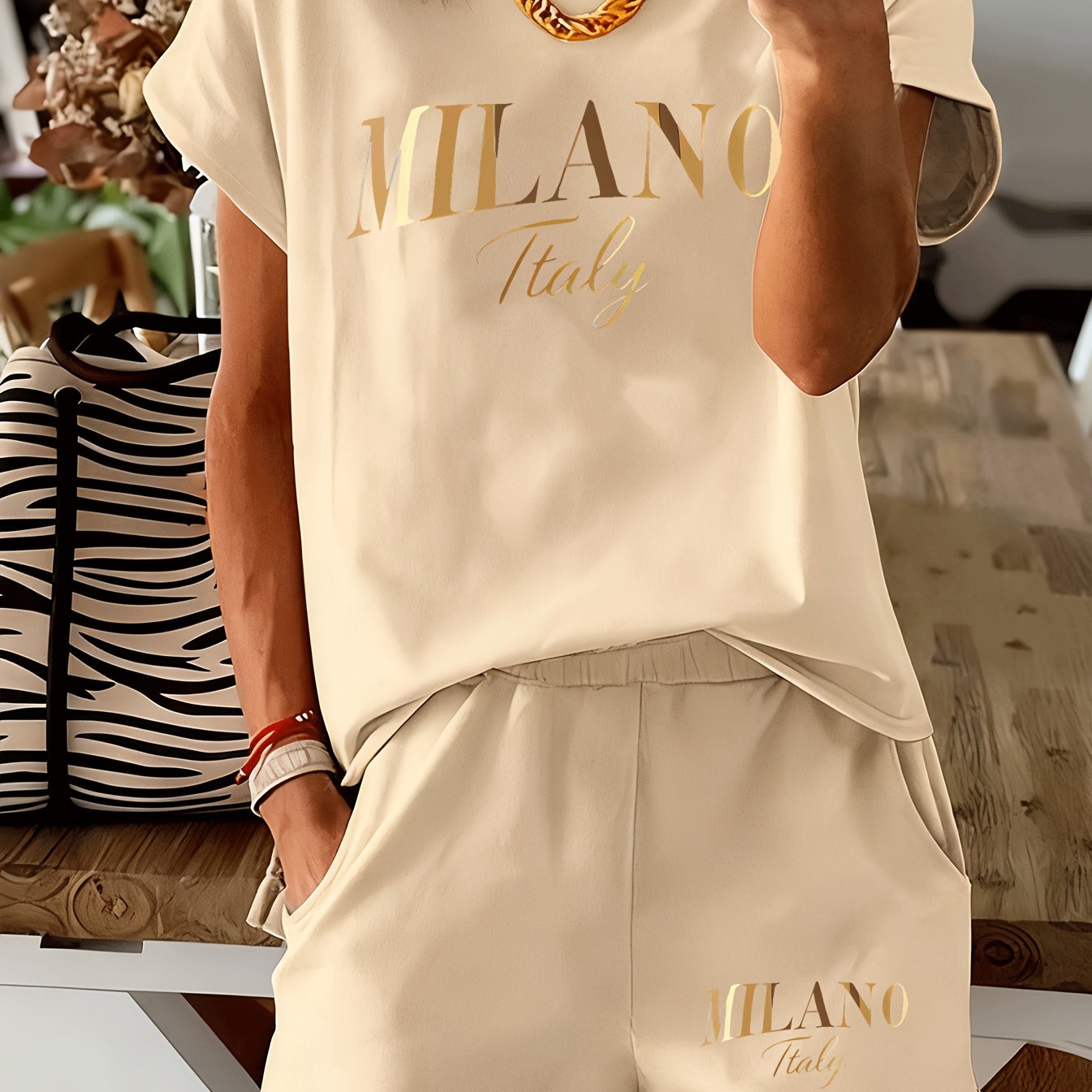 TEMU Letter Women's Hot Foil Short Sleeve Short Shorts Casual 2pcs Outfit Comfortable Women's Fashion - Soft Breathable, Machine Washable Daily ,