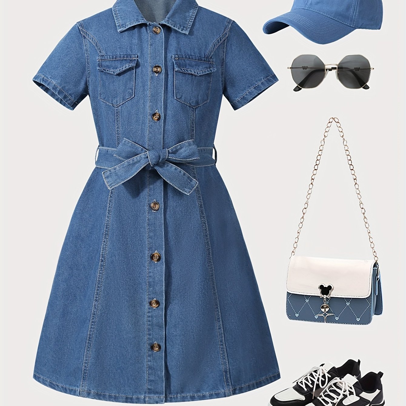 Image of Girl Jeans Targeted Development Girls' Medium Washed Blue Lapel Button- Dress With Drawstring Belt Casual Summer Style
