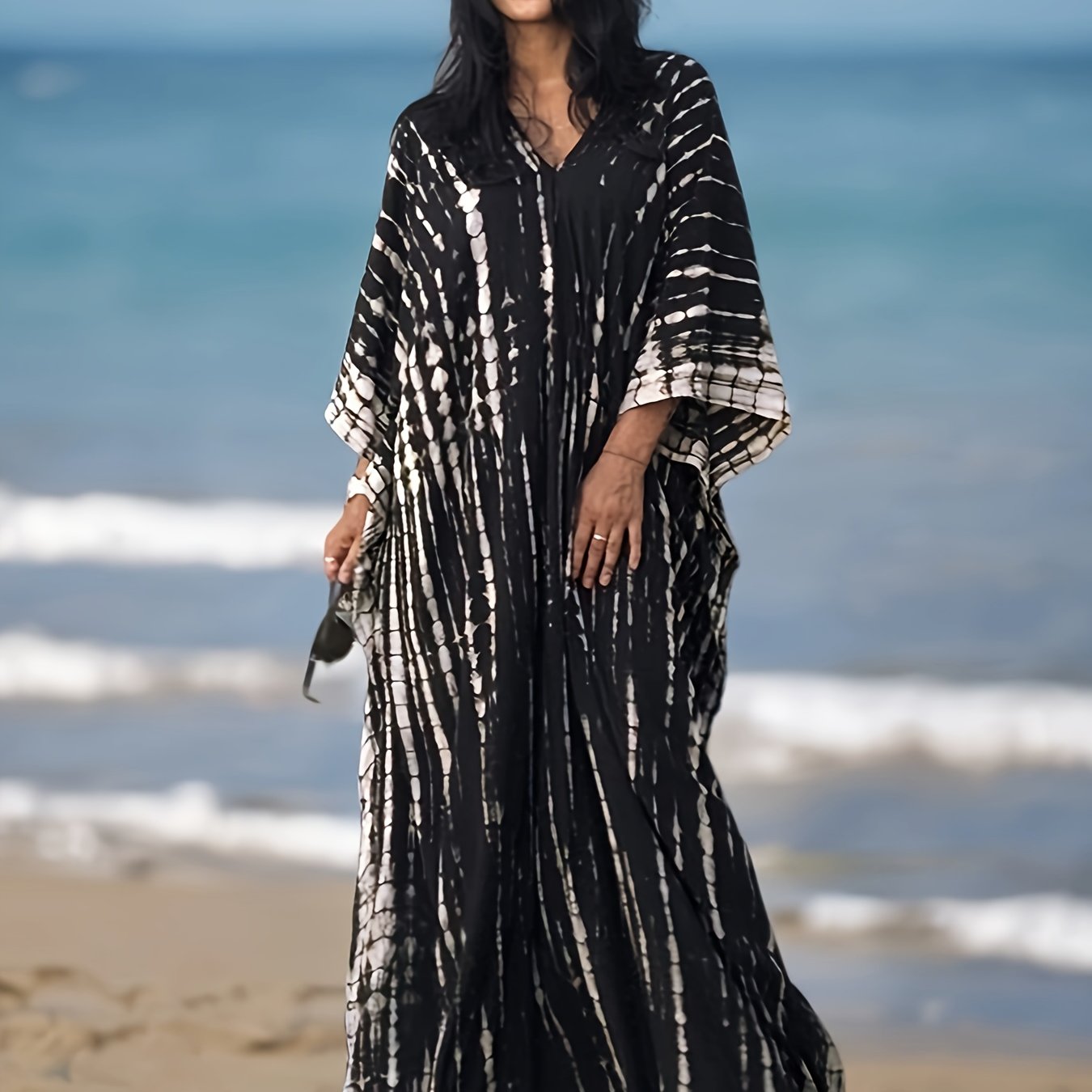 TEMU Plus Size Women's Bohemian V-neck Cover Up Dress, Random Print Bat Sleeve Casual Beachwear Kaftan With Slight Stretch