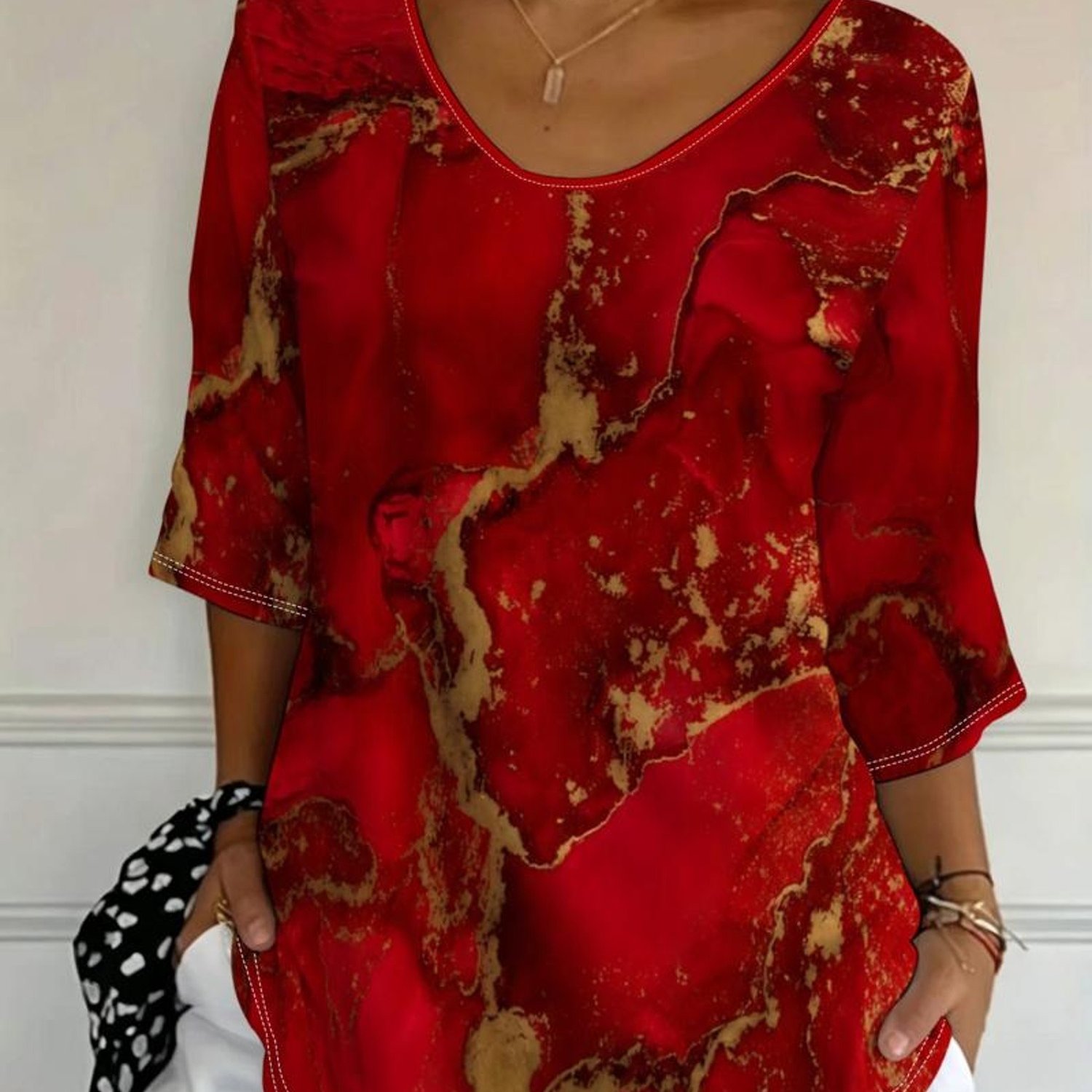 TEMU Plus Size Women's Top, Mixed Colors, Multi-sizes , Vibrant Red And Golden Pattern, Fashionable And Luxurious, Suitable For Daily Wear And