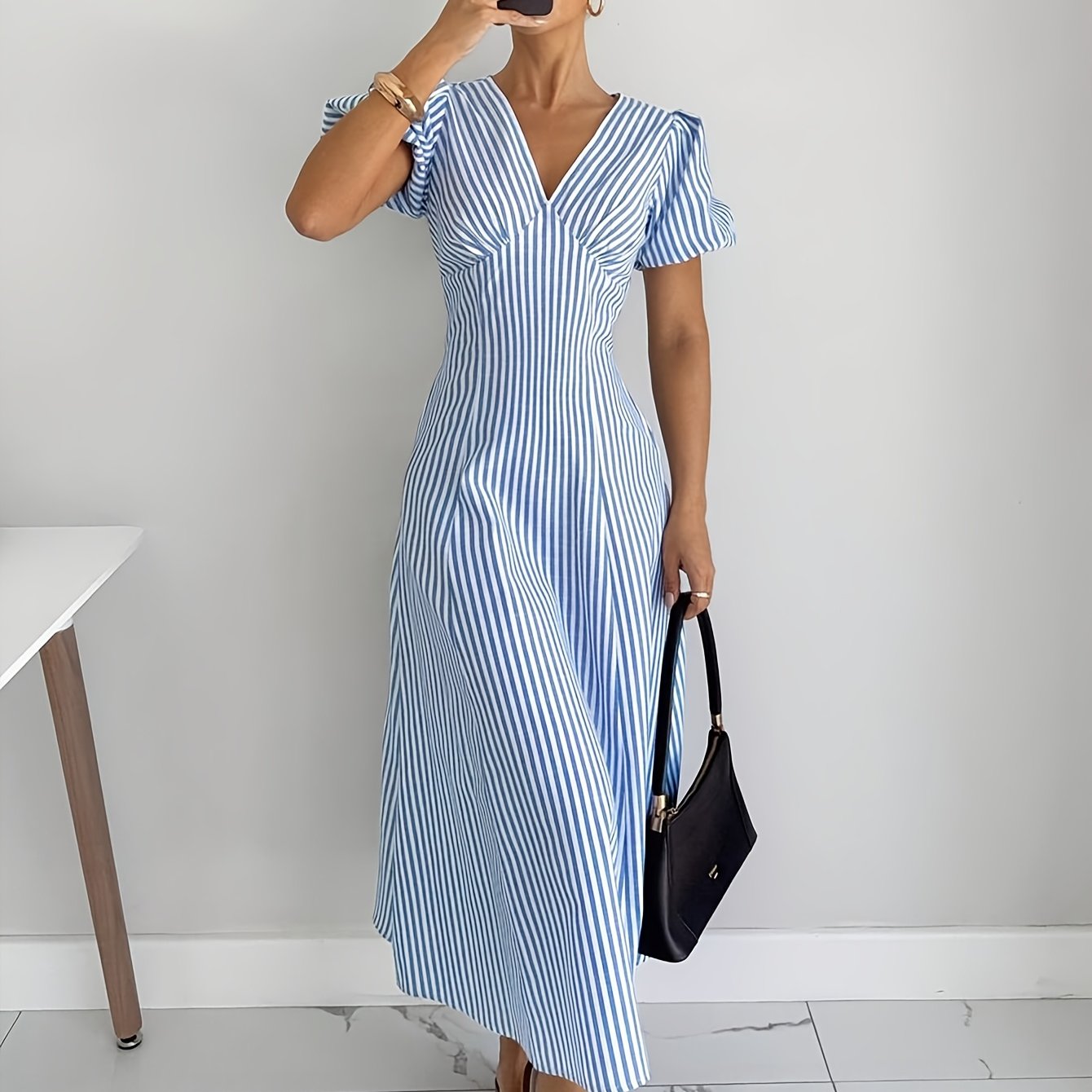 TEMU Women's Elegant And Daily Casual Commuter Blue And White Striped V-neck Waist-cinching Dress, New Summer