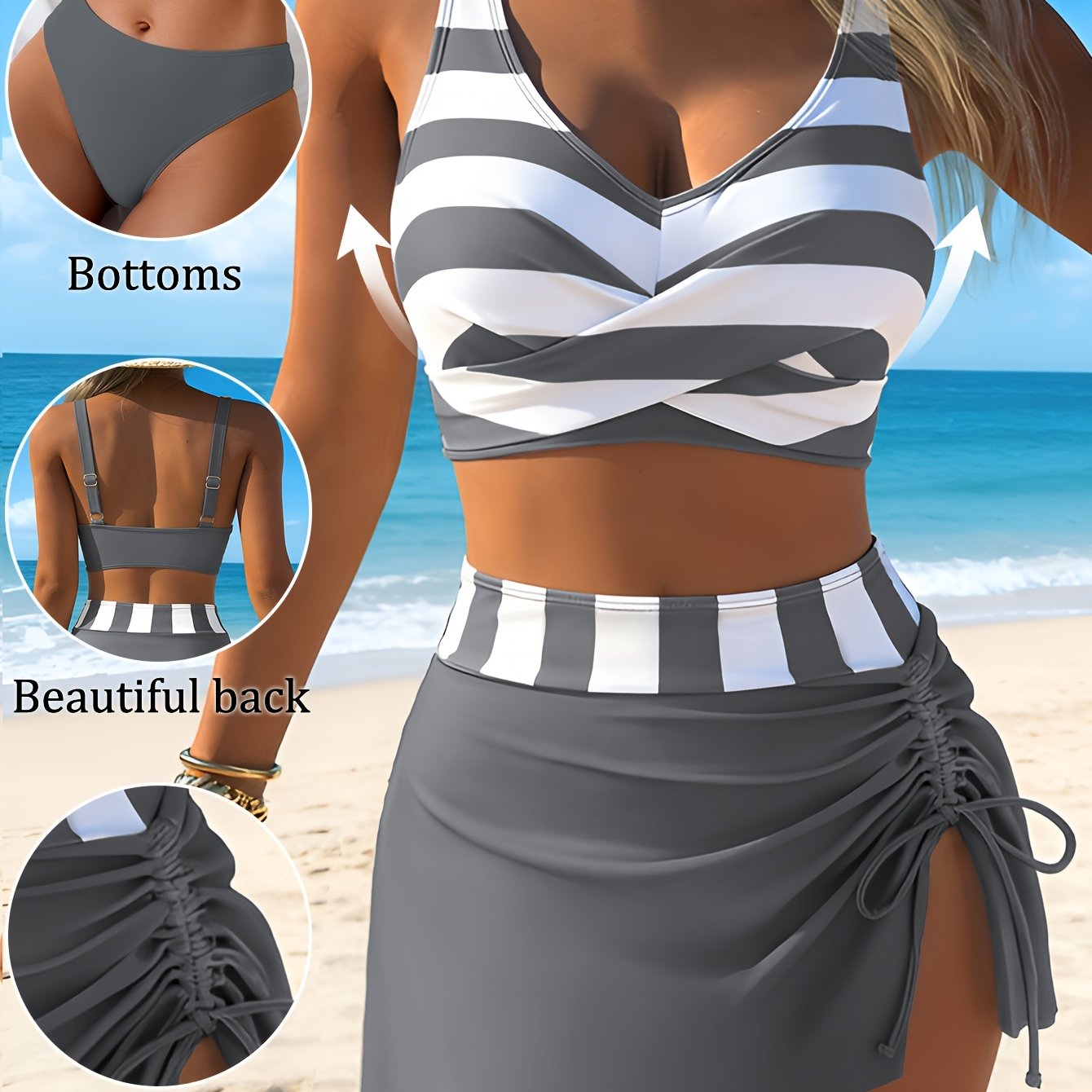 Image of 26ss Women's Swimwear Striped Halter Neck Tie Back Slit Cover-up Short Skirt Spring Summer Autumn Casual Vacation Cover-up Swimsuit Cover Up 3pcs Set